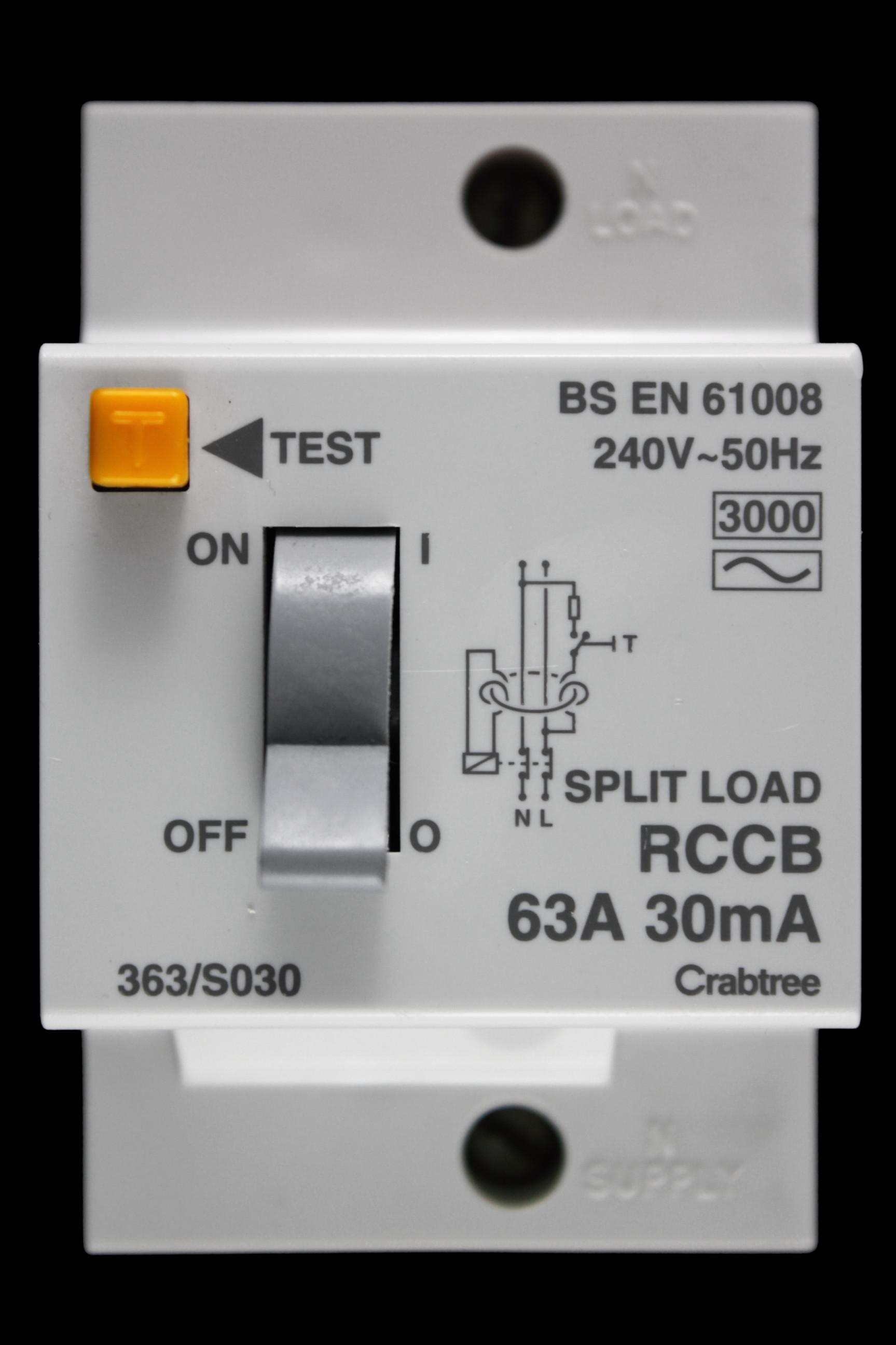CRABTREE 63 AMP 3kA 30mA DOUBLE POLE RCCB RCD STARBREAKER SPLIT LOAD 363/S030