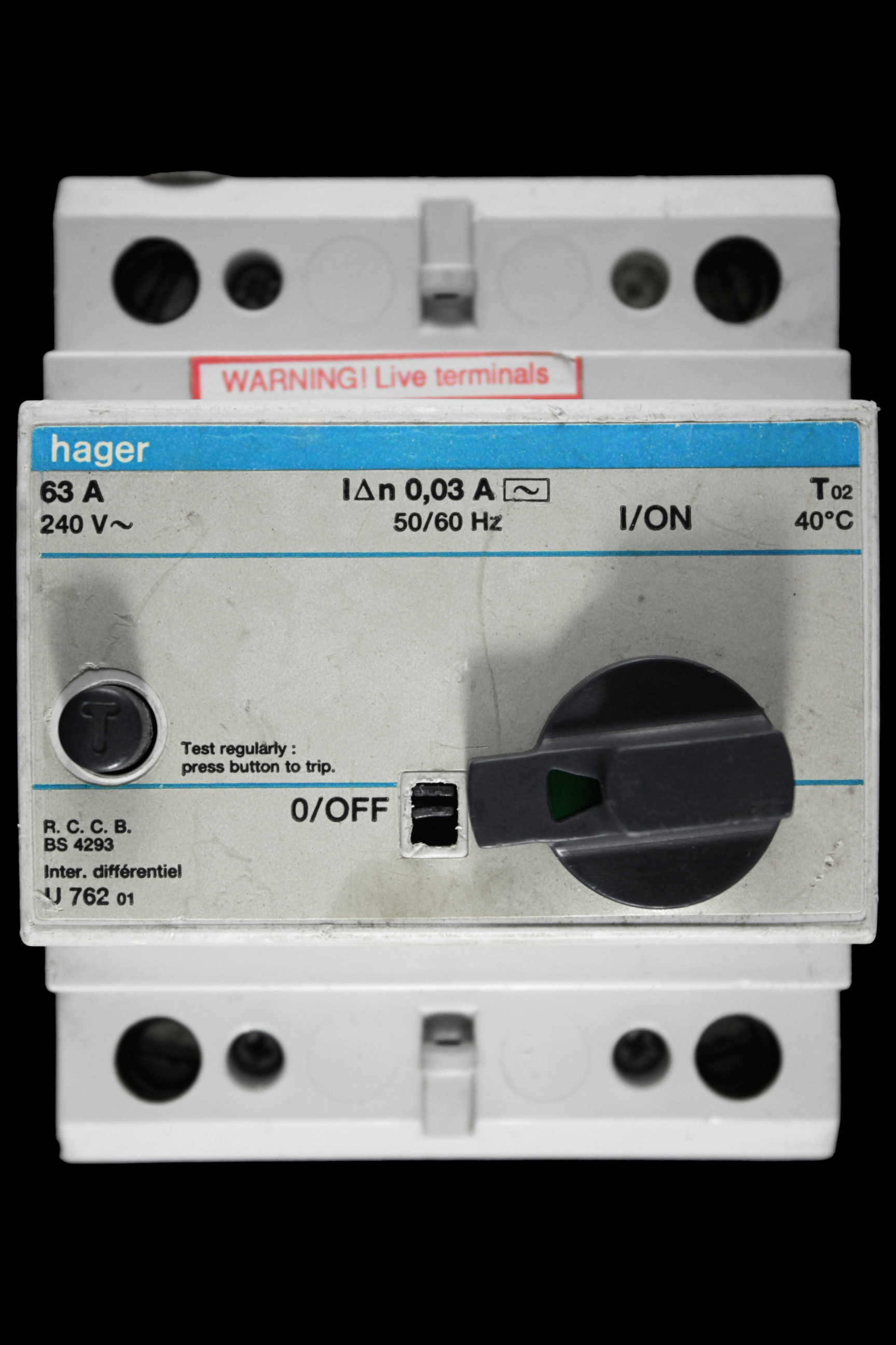 HAGER 63 AMP 30mA DOUBLE POLE RCCB RCD TYPE AC U762 01