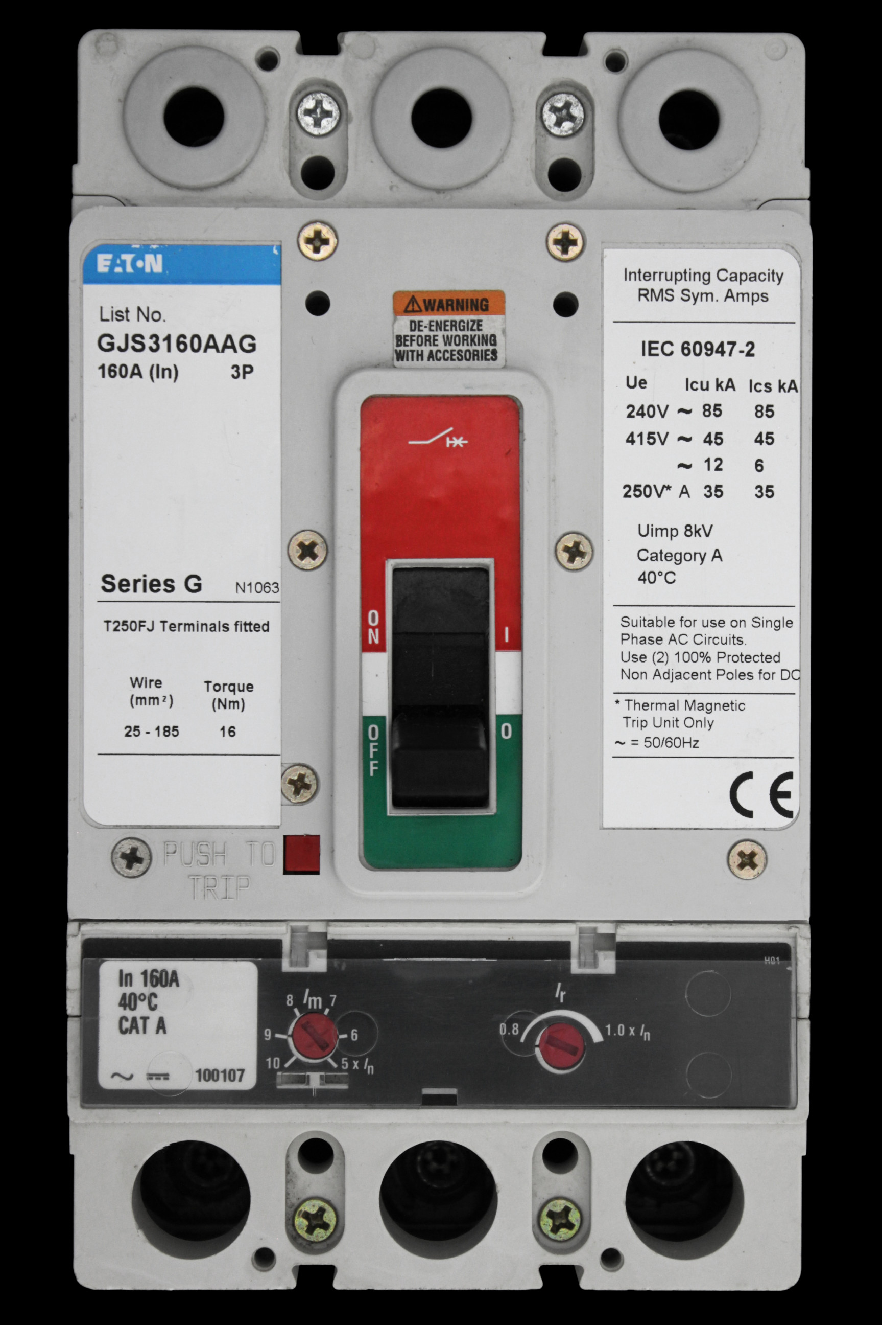EATON 160 AMP 45kA TRIPLE POLE MCCB GJS3160AAG