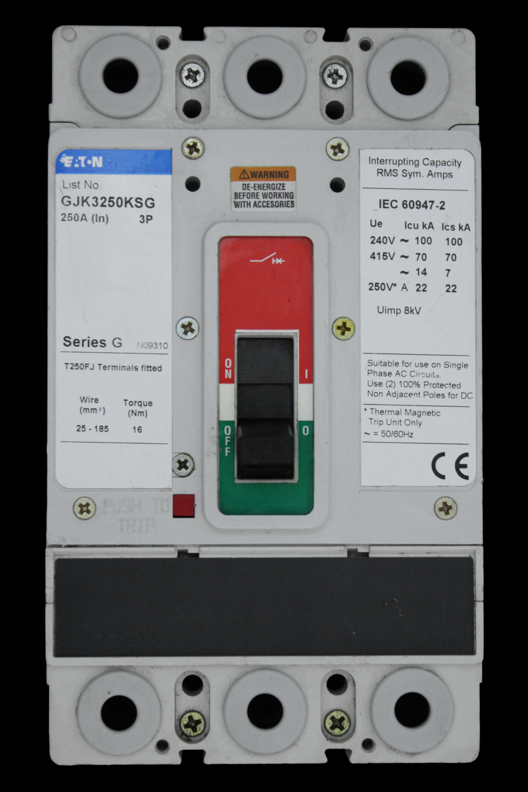 EATON 250 AMP 70kA TRIPLE POLE MCCB GJK3250KSG