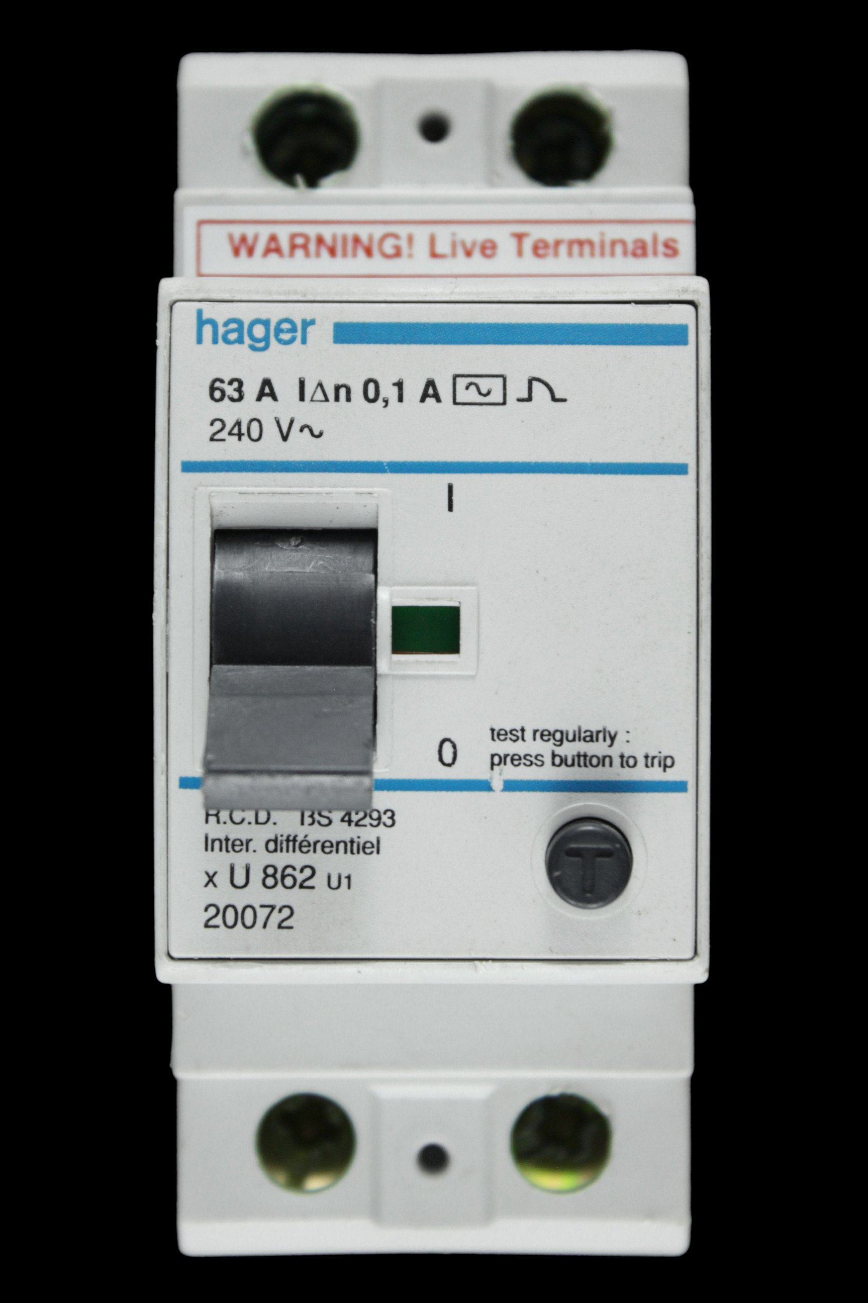 HAGER 63 AMP 100mA DOUBLE POLE RCD TYPE AC U862 U1 20072