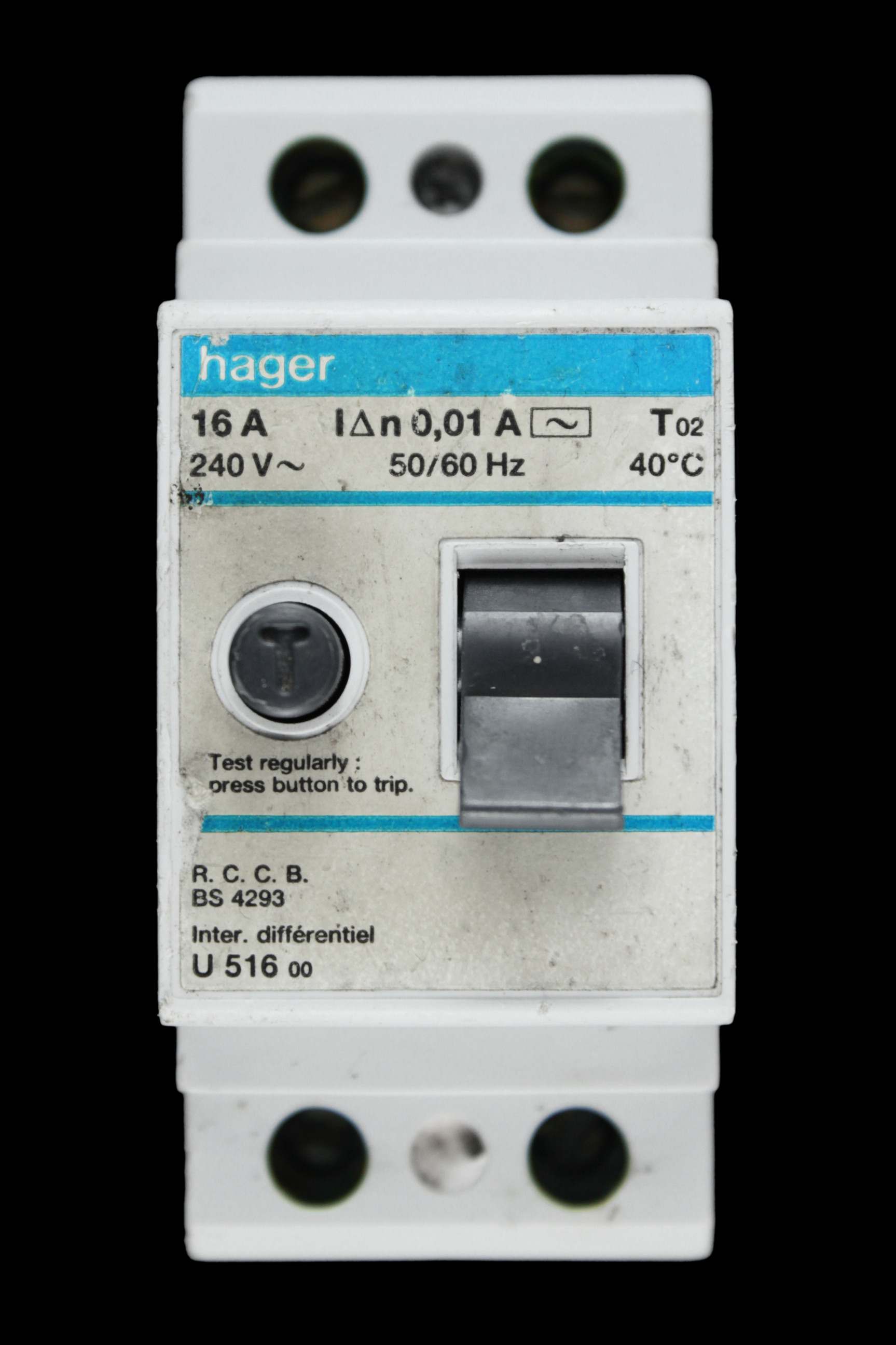 HAGER 16 AMP 10mA DOUBLE POLE RCCB U516 00