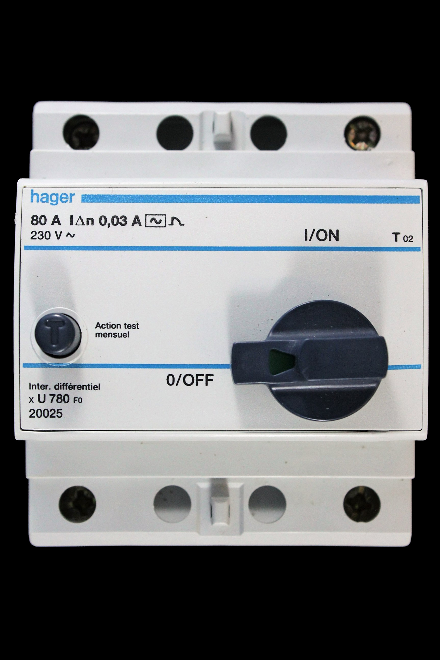 HAGER 80 AMP 30mA DOUBLE POLE RCD TYPE AC U780 F0 20025