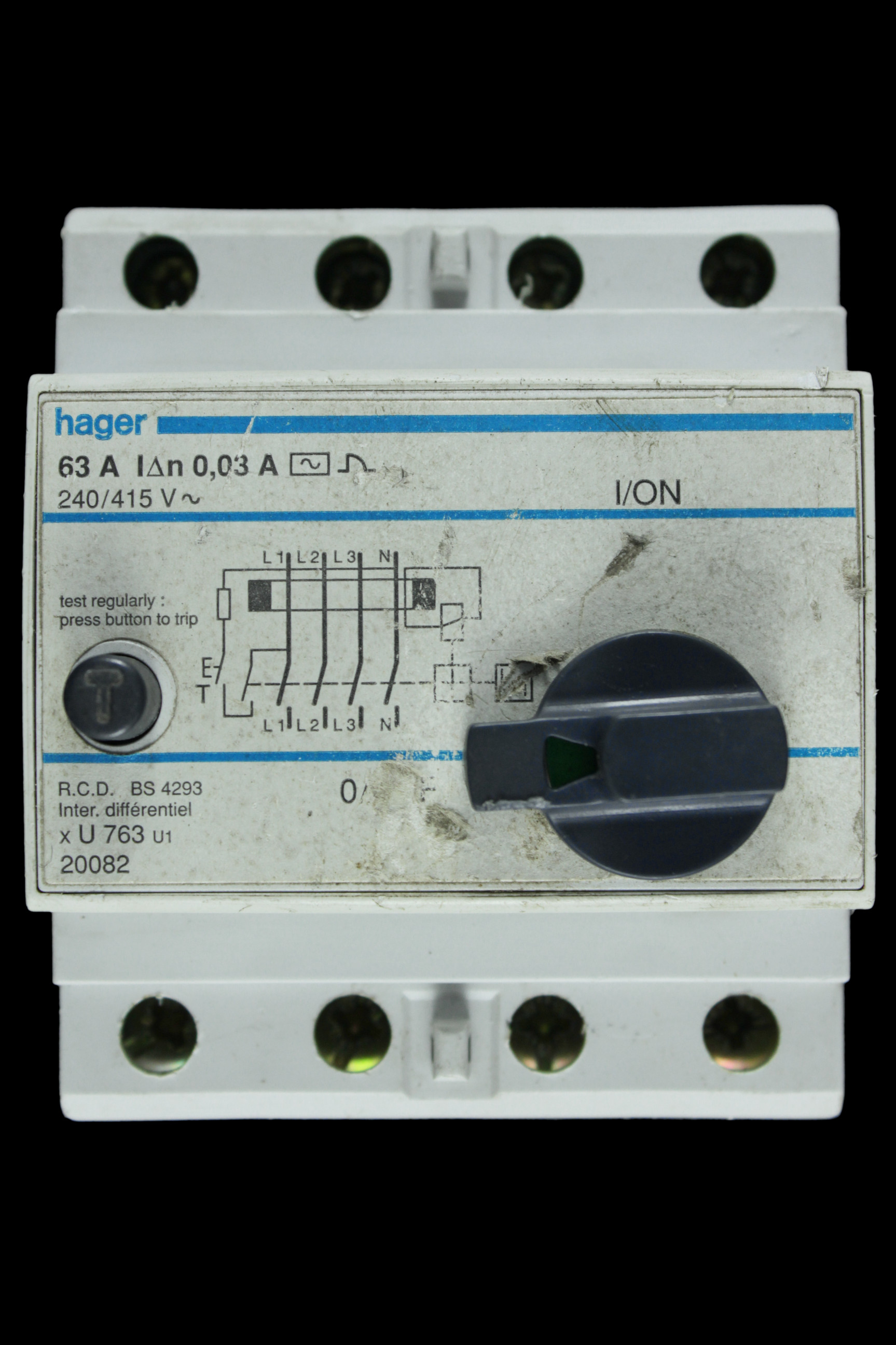 HAGER 63 AMP 30mA FOUR POLE RCD U763 U1 20082