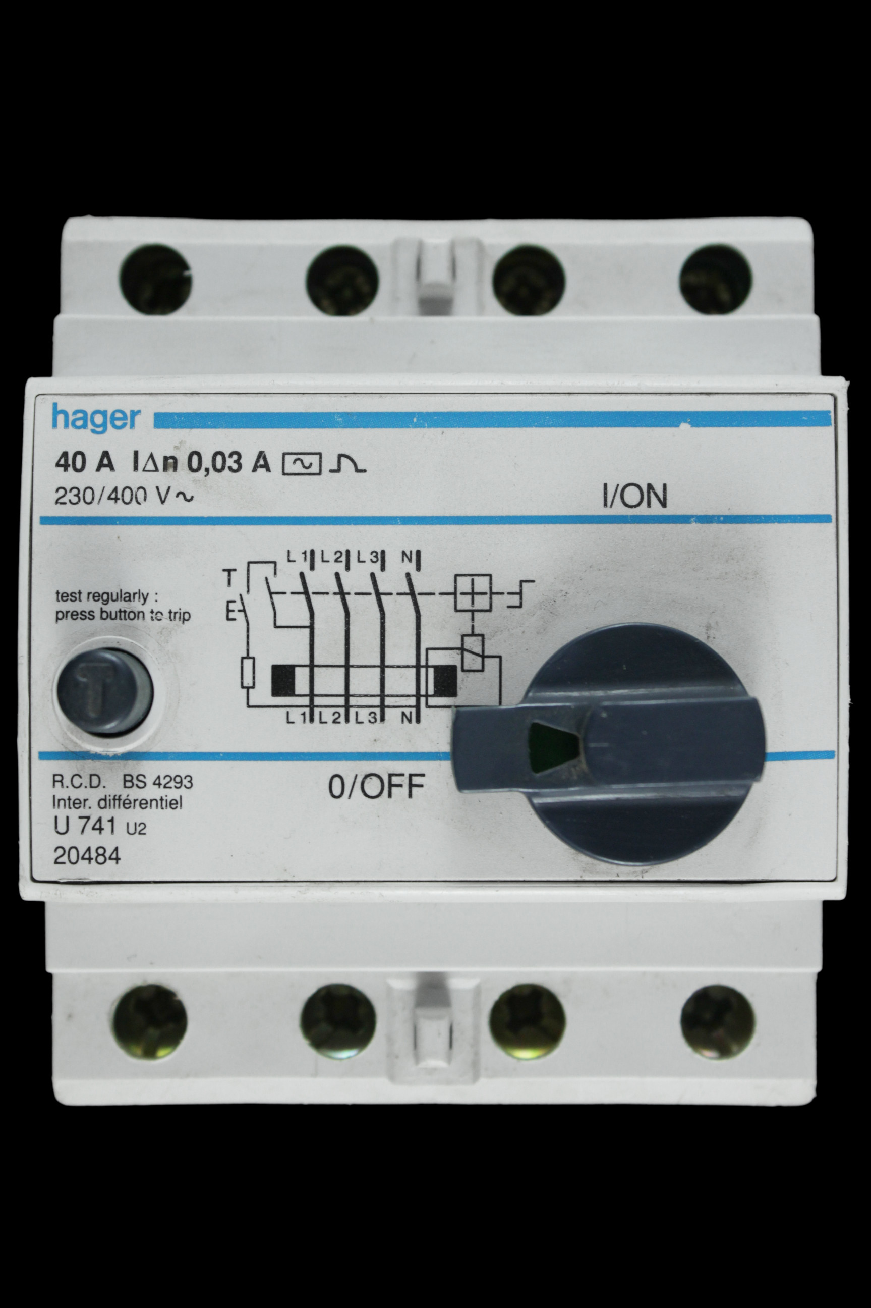 HAGER 40 AMP 30mA FOUR POLE RCD TYPE AC U741 U2 20484