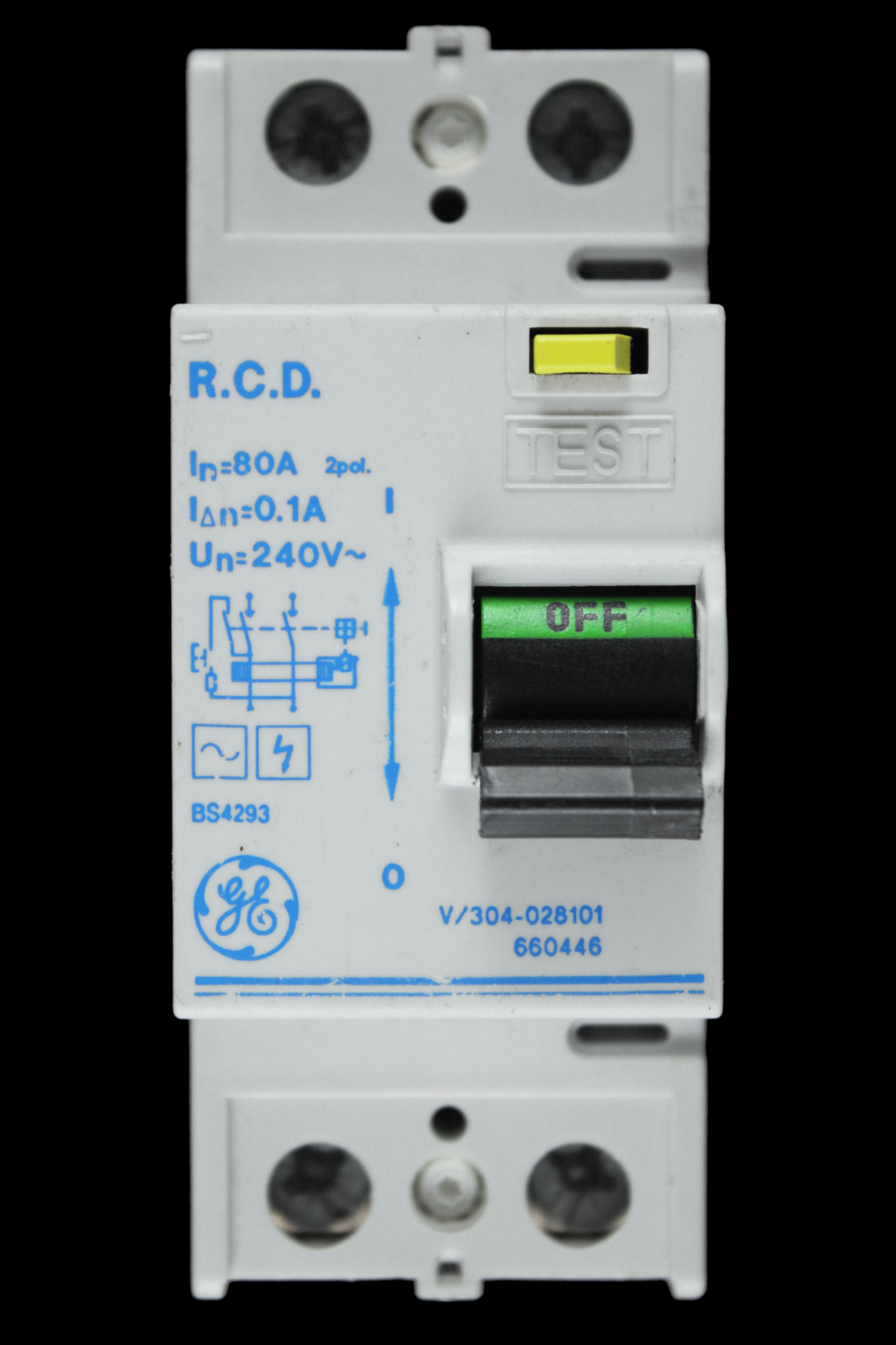 GENERAL ELECTRIC 80 AMP 100mA RCD DOUBLE POLE TYPE AC 660446 V/304-028101
