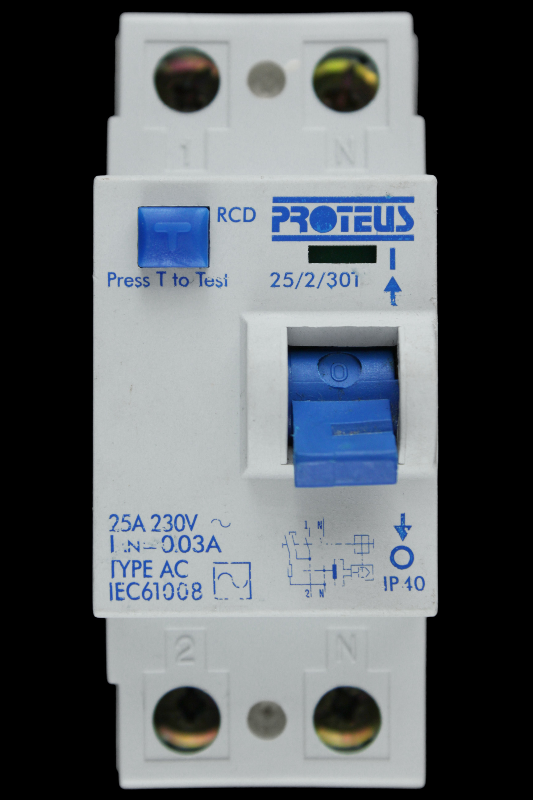 PROTEUS 25 AMP 30mA DOUBLE POLE RCD TYPE AC 25/2/30T