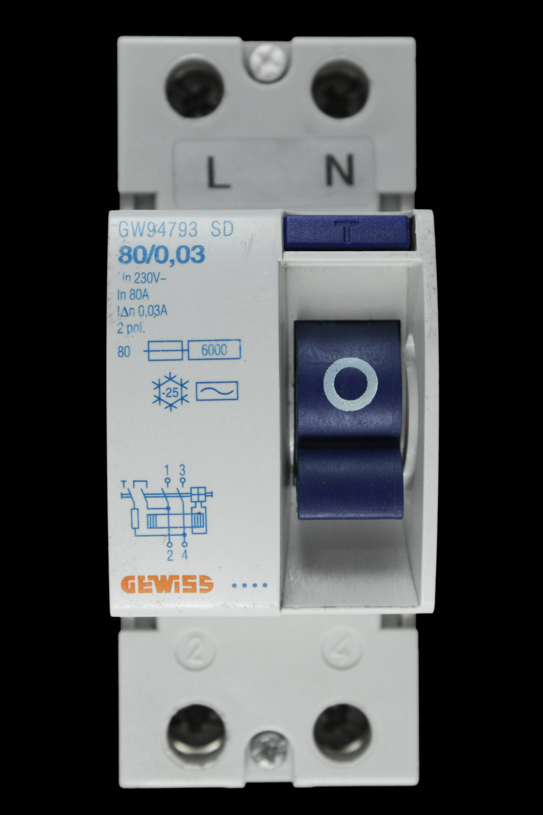 GEWISS 80 AMP 30mA DOUBLE POLE RCD TYPE AC 80/0.03 GW94793 SD