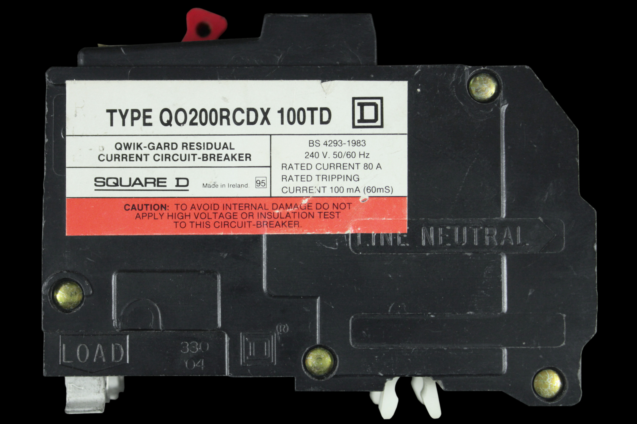 SQUARE D 80 AMP 100mA DOUBLE POLE TIME DELAYED RCCB QO200RCDX100TD