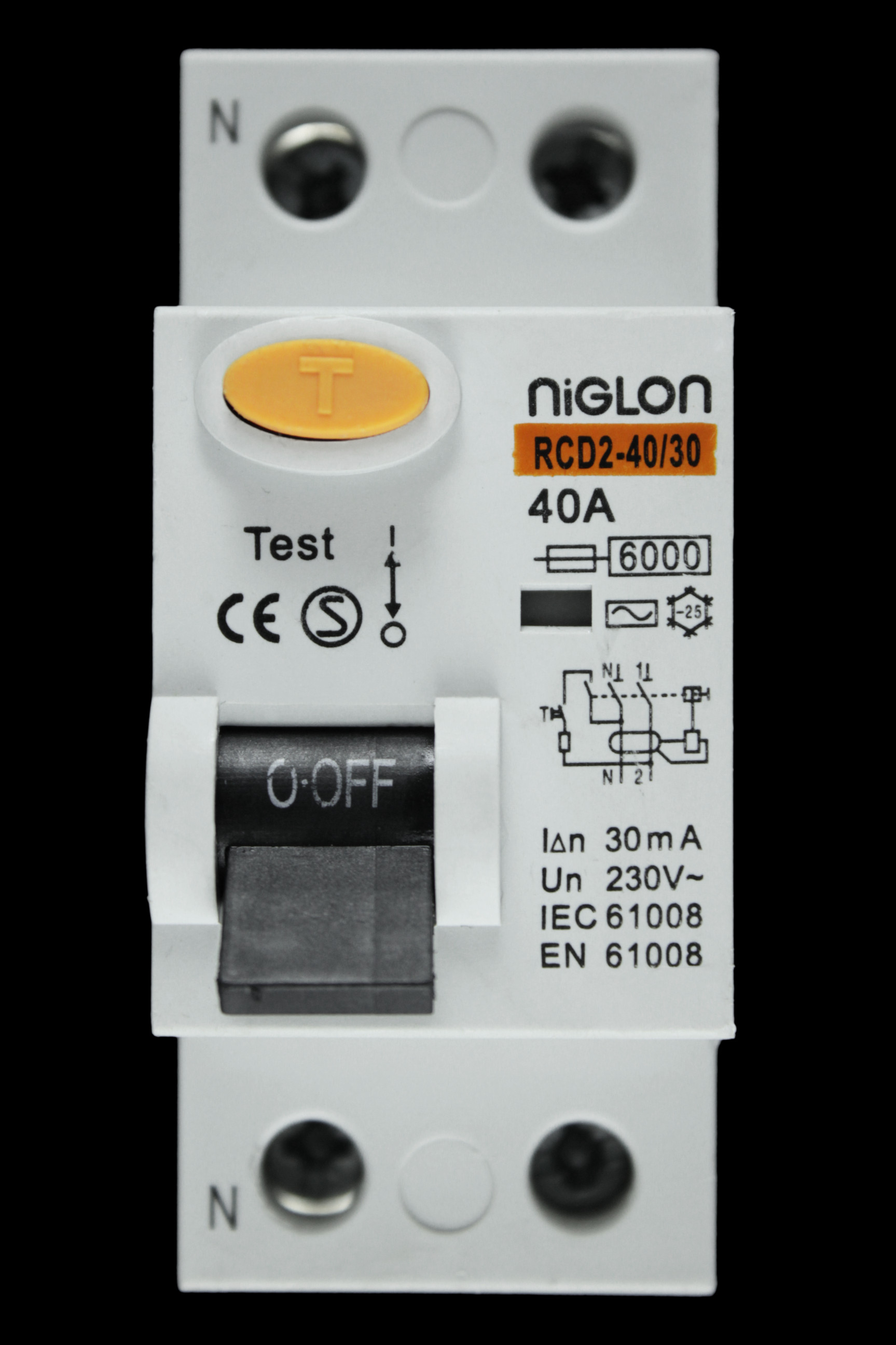 NIGLON 40 AMP 30mA DOUBLE POLE RCD TYPE AC RCD2-40/30