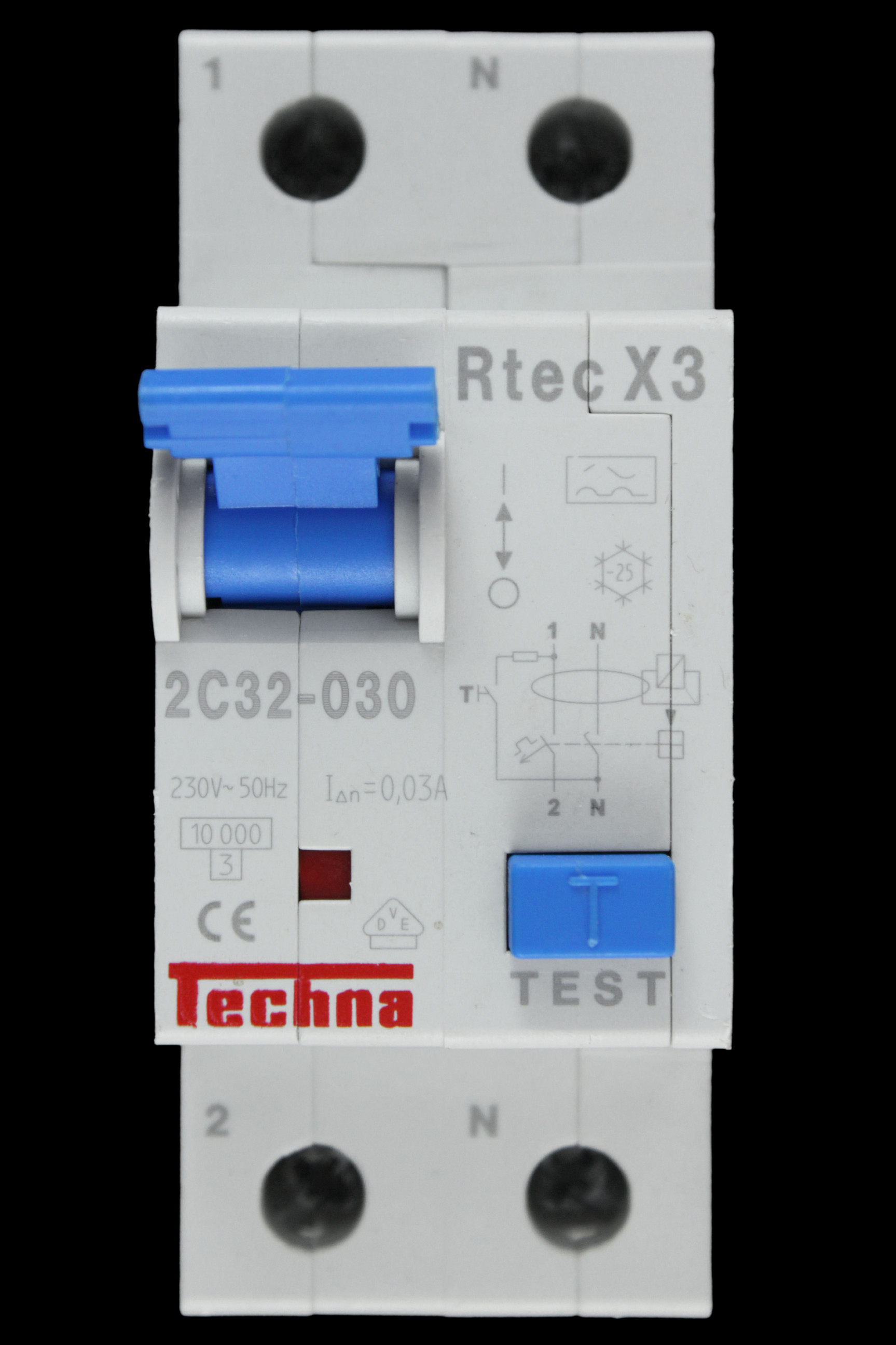 TECHNA 32 AMP CURVE C 10kA 30mA DOUBLE POLE RCBO RTEC X3 2C32-030