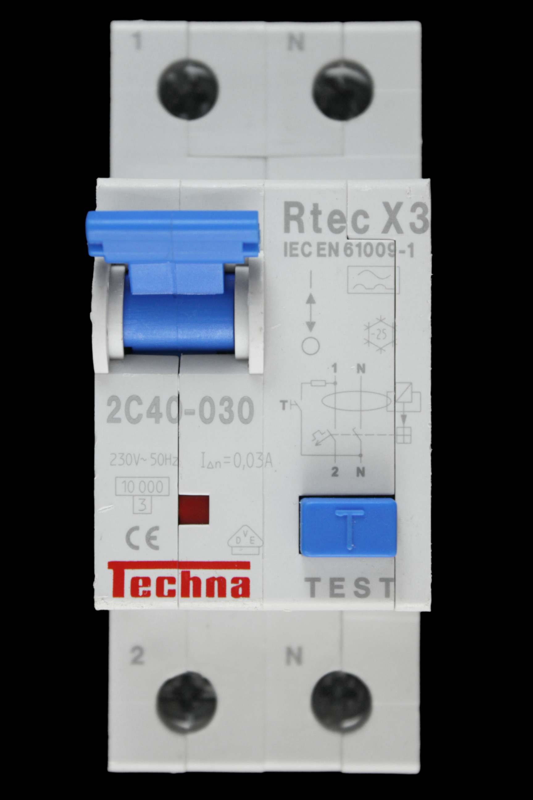 TECHNA 40 AMP CURVE C 10kA 30mA DOUBLE POLE RCBO RTEC X3 2C40-030