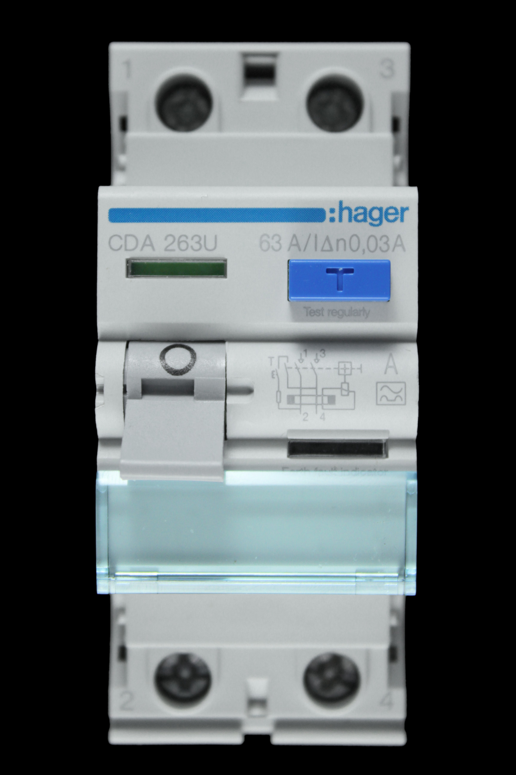 HAGER 63 AMP 30mA DOUBLE POLE RCCB TYPE A CDA263U 161491