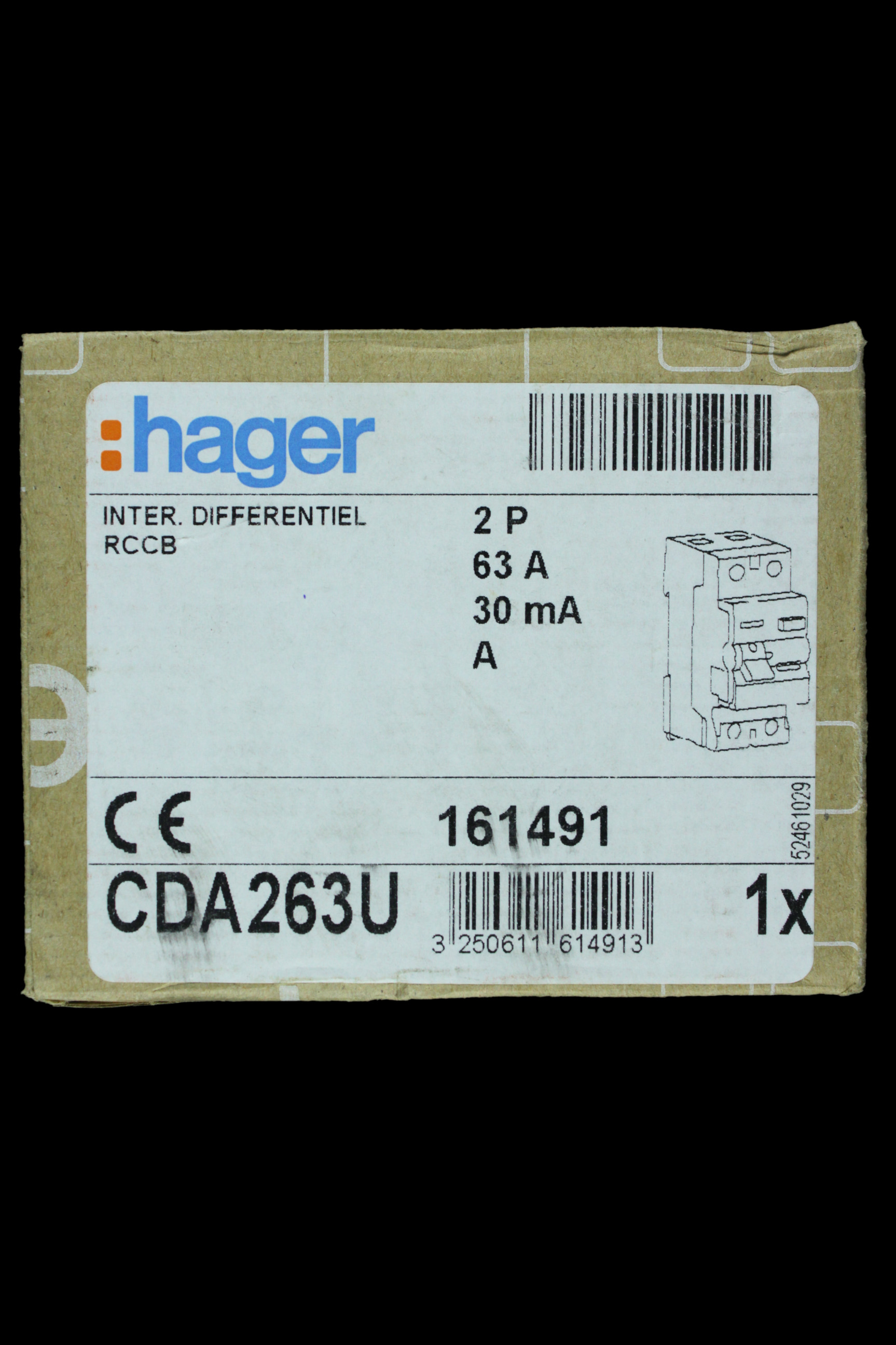HAGER 63 AMP 30mA DOUBLE POLE RCCB TYPE A CDA263U 161491