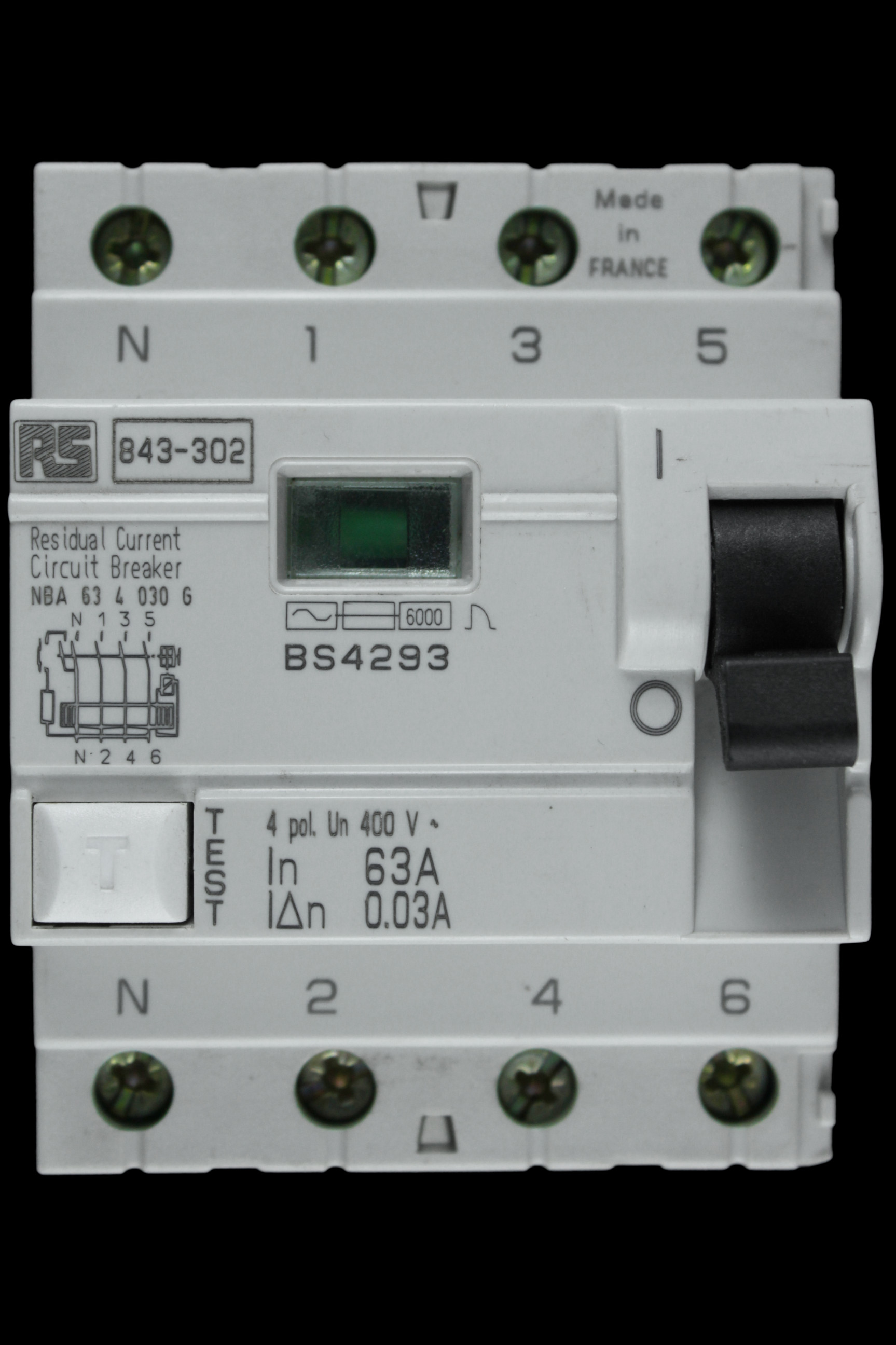 RS 63 AMP 30mA FOUR POLE RCCB 843-302 NBA 63 4 030 G