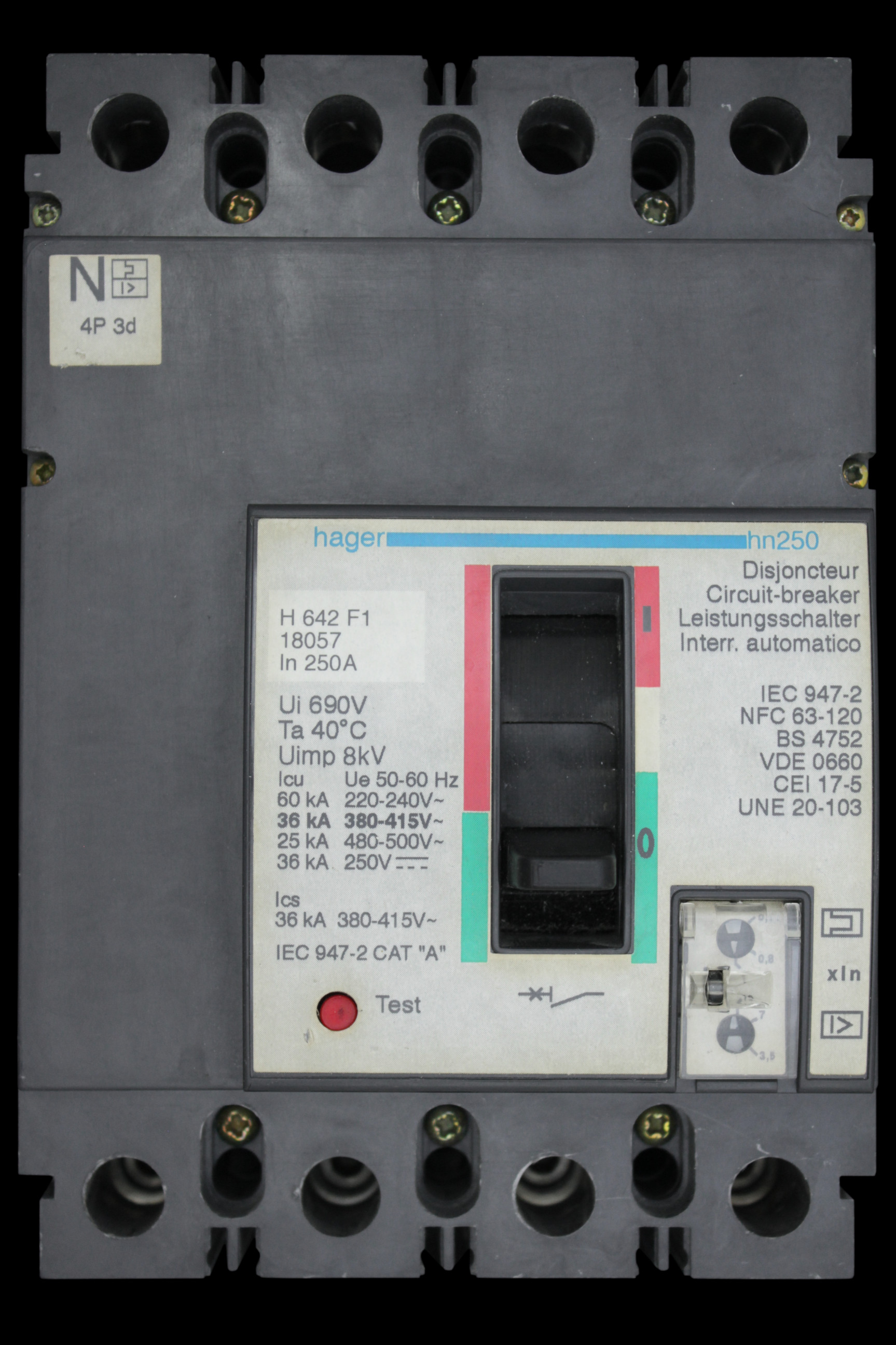 HAGER 250 AMP 36kA FOUR POLE MCCB H642 F1 18057 HN250