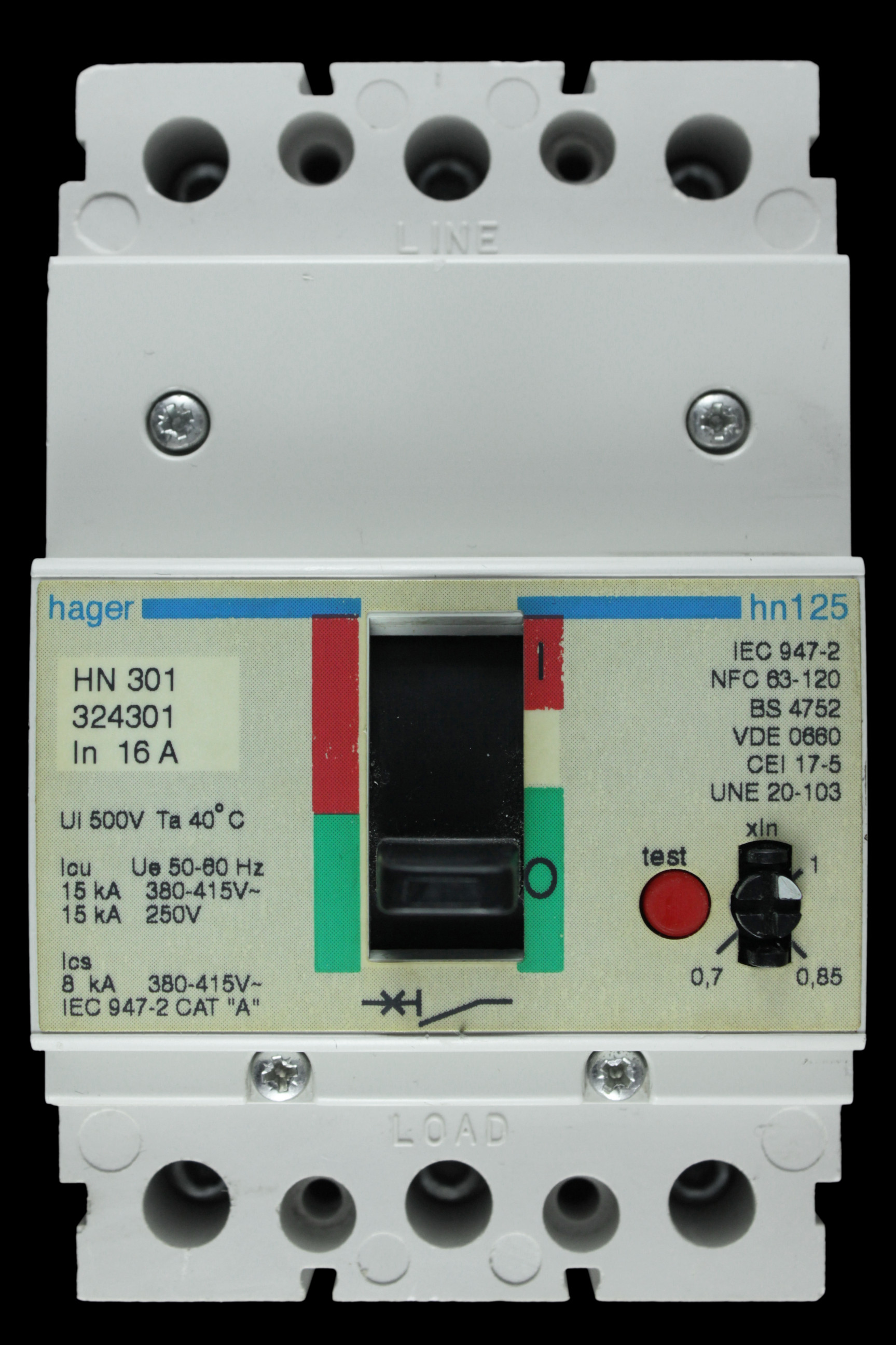 HAGER 16 AMP 15kA TRIPLE POLE MCCB HN301 324301 HN125