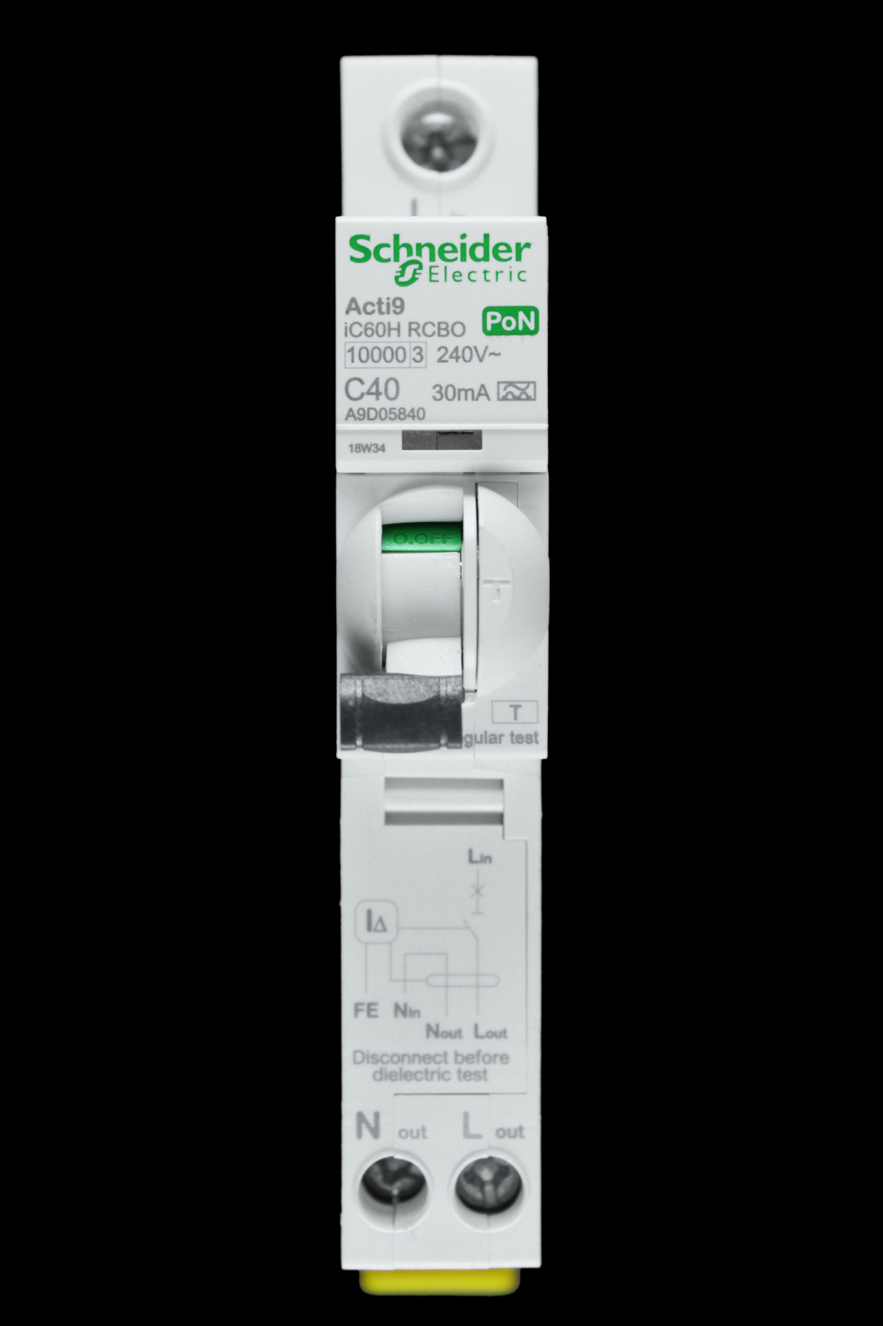 SCHNEIDER 40 AMP CURVE C 10kA 30mA RCBO TYPE A A9D05840 PoN ACTI9 IC60H