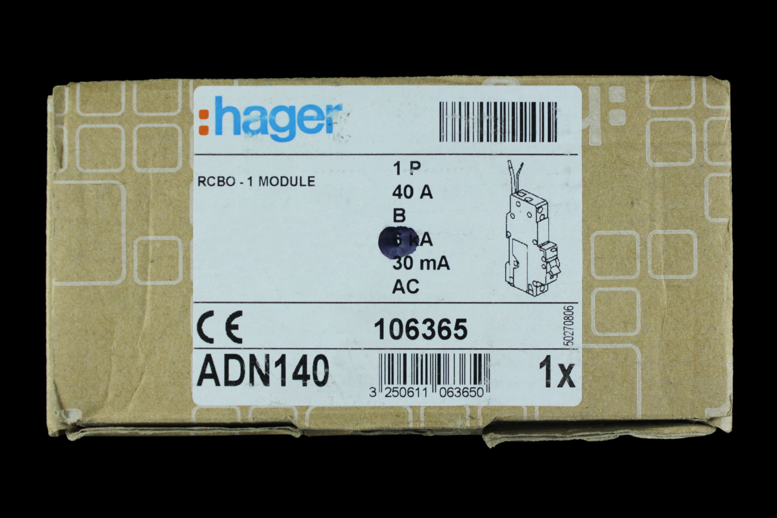 HAGER 40 AMP CURVE B 6kA 30mA RCBO TYPE AC 106365 ADN140