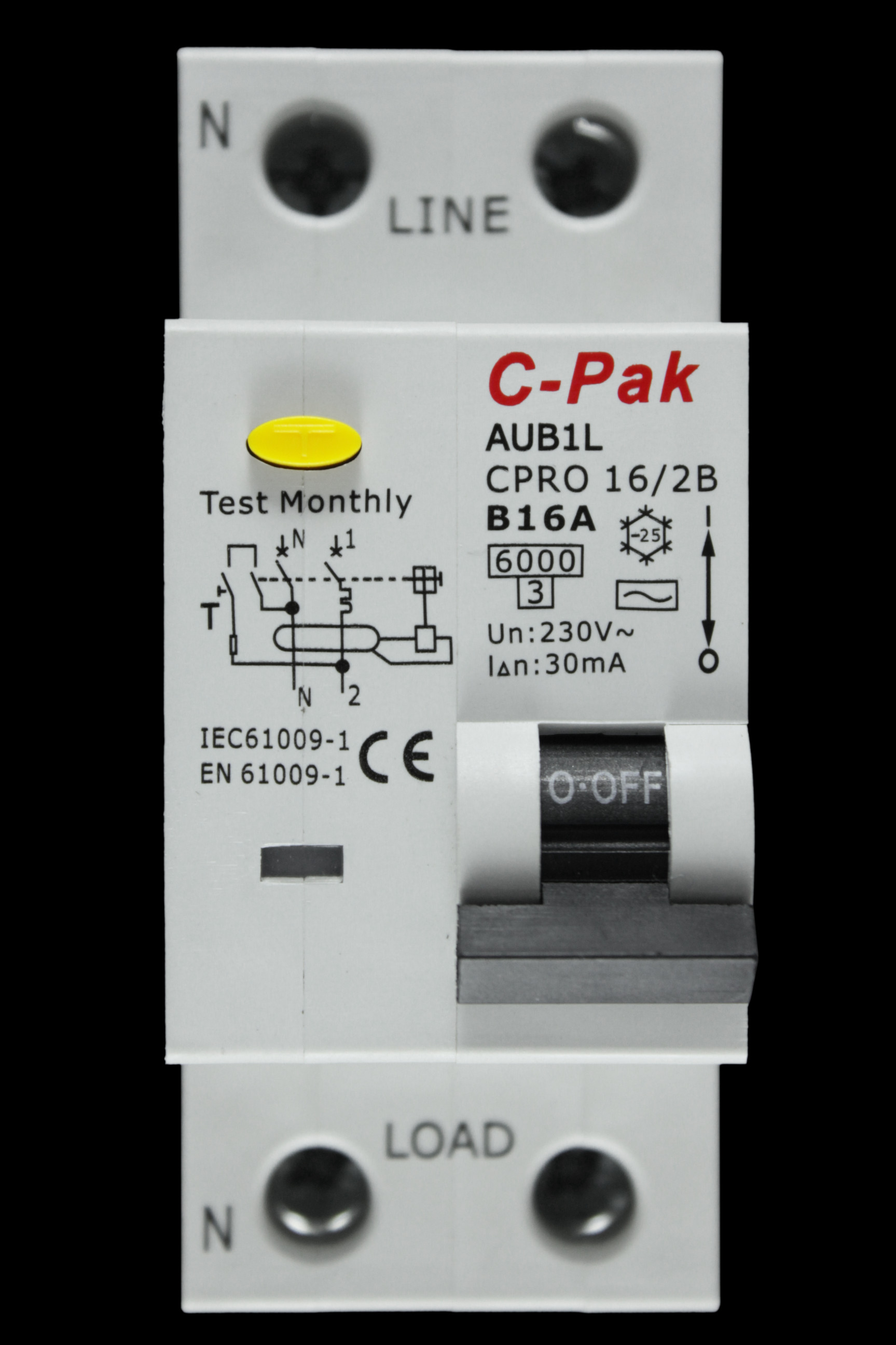 C-PAK B 16 RCBO DOUBLE POLE 6kA 30mA TYPE AC AUB1L CPRO 16/2B