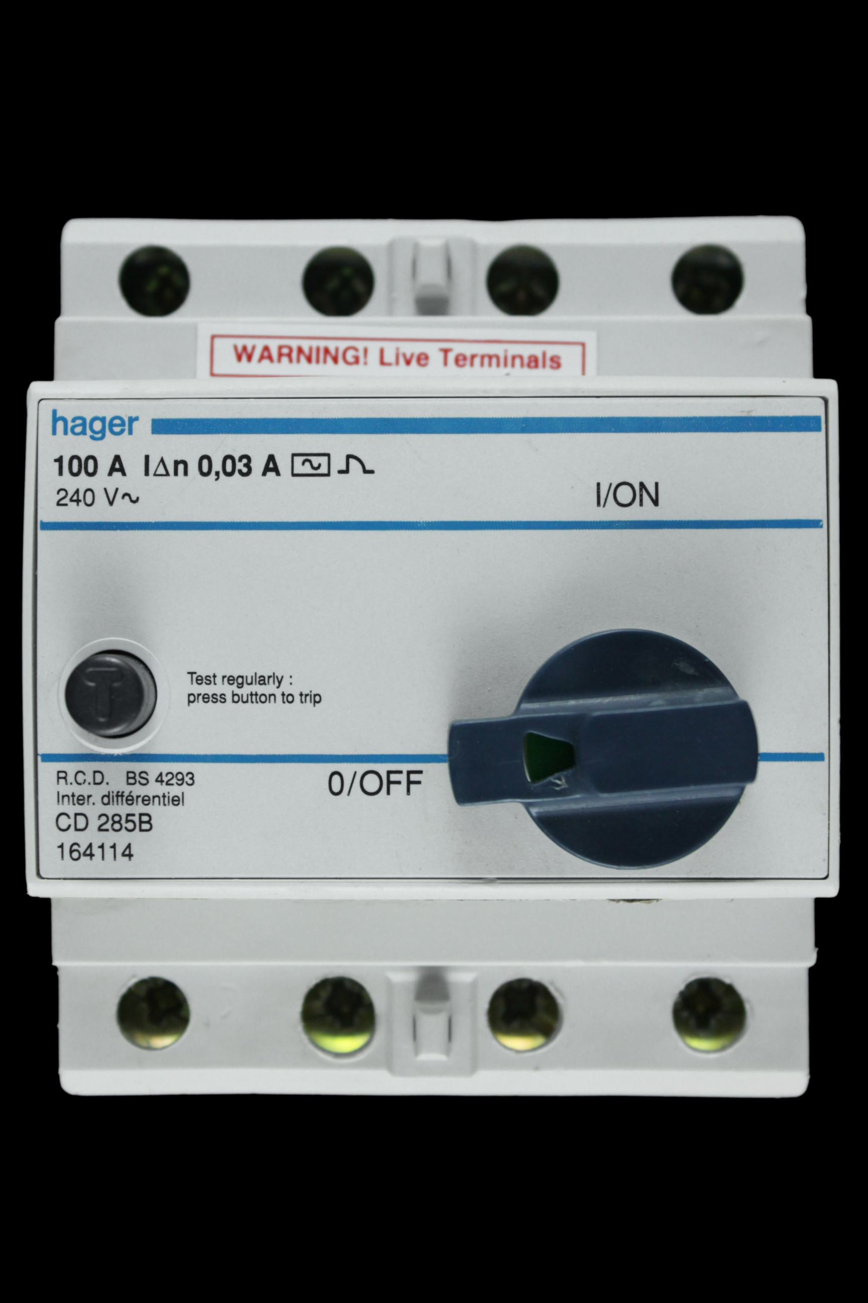 HAGER 100 AMP 30mA DOUBLE POLE RCD TYPE AC CD 285B 164114