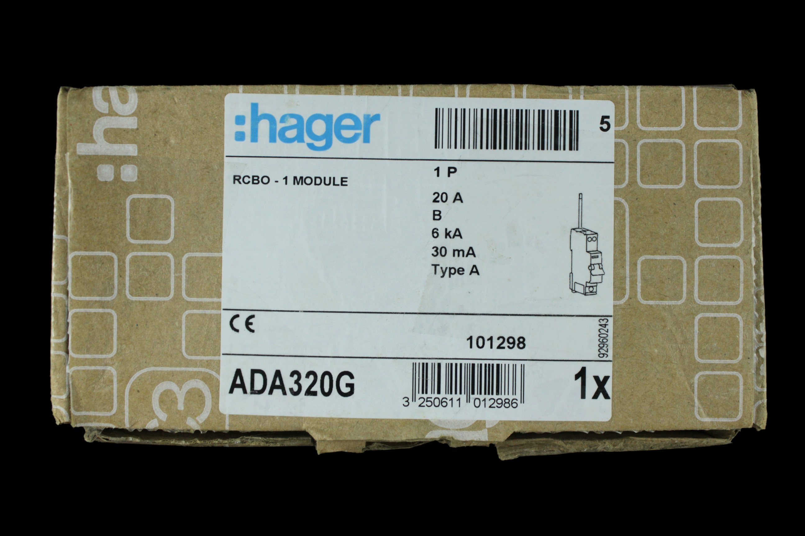 HAGER B 20 RCBO 6kA 30mA TYPE A ADA320G