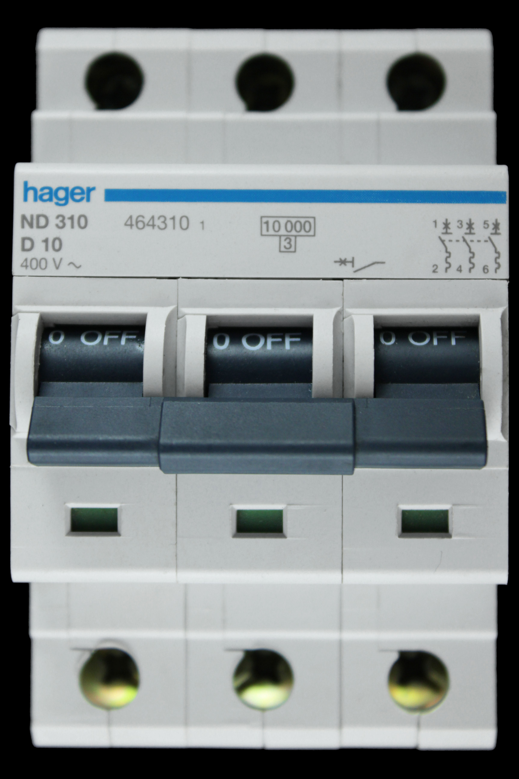 HAGER 10 AMP CURVE D 10kA TRIPLE POLE MCB CIRCUIT BREAKER ND310 464310