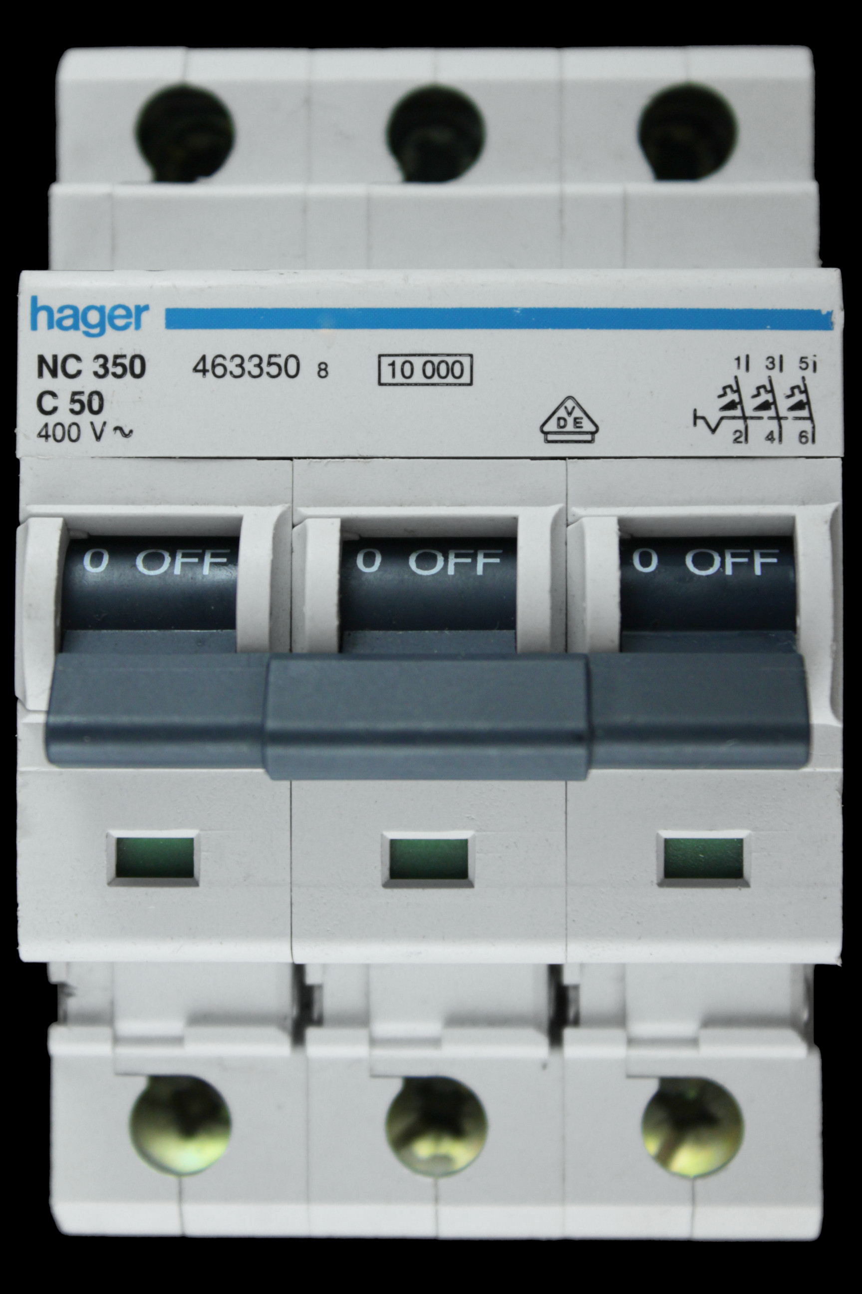 HAGER 50 AMP CURVE C 10kA TRIPLE POLE MCB CIRCUIT BREAKER NC350 463350