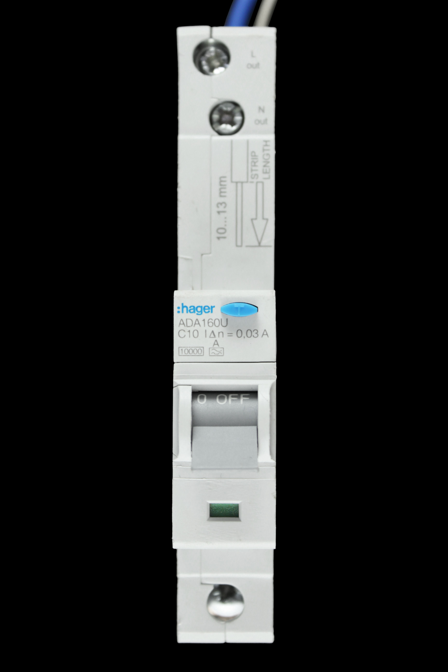 HAGER 10 AMP CURVE C 10kA 30mA RCBO TYPE A ADA160U 106851