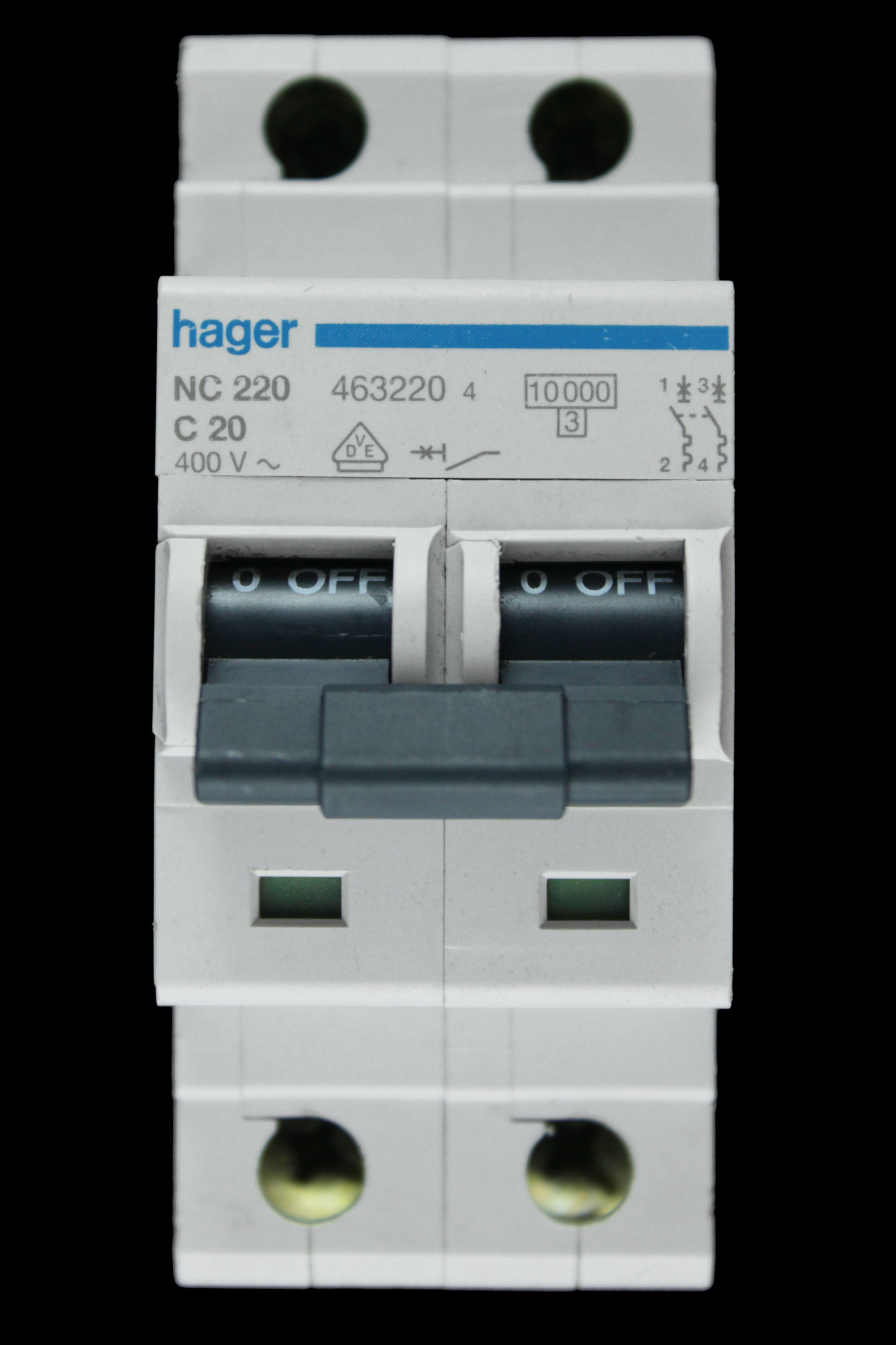 HAGER 20 AMP CURVE C 10kA DOUBLE POLE MCB CIRCUIT BREAKER NC220 463220