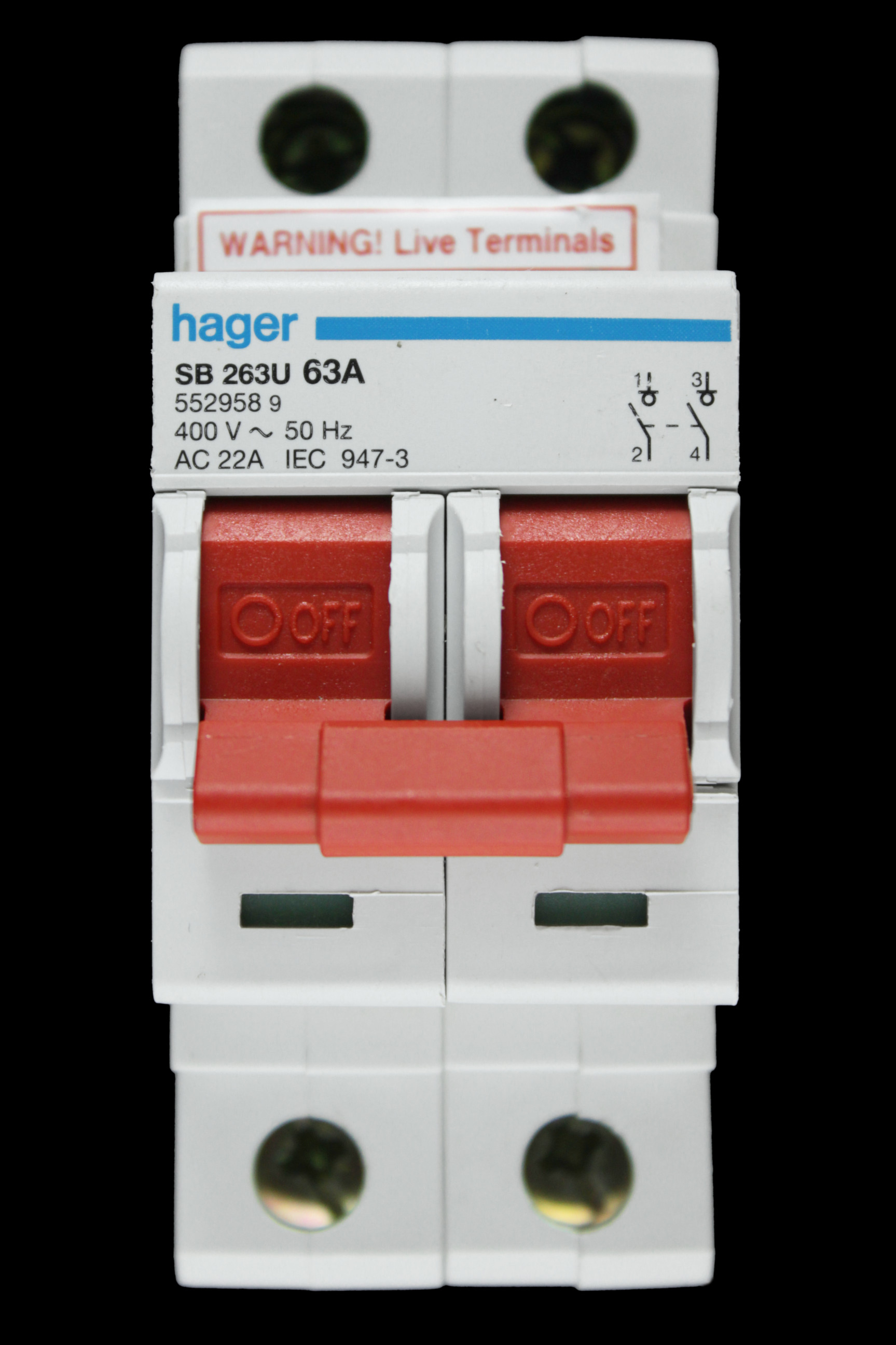 HAGER 63 AMP DOUBLE POLE MAIN SWITCH DISCONNECTOR SB 263U 552958