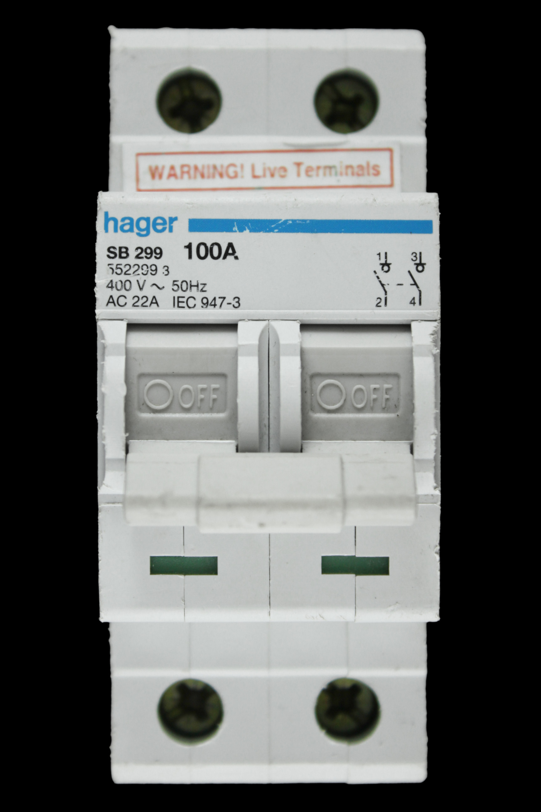 HAGER 100 AMP DOUBLE POLE MAIN SWITCH DISCONNECTOR SB299 552299