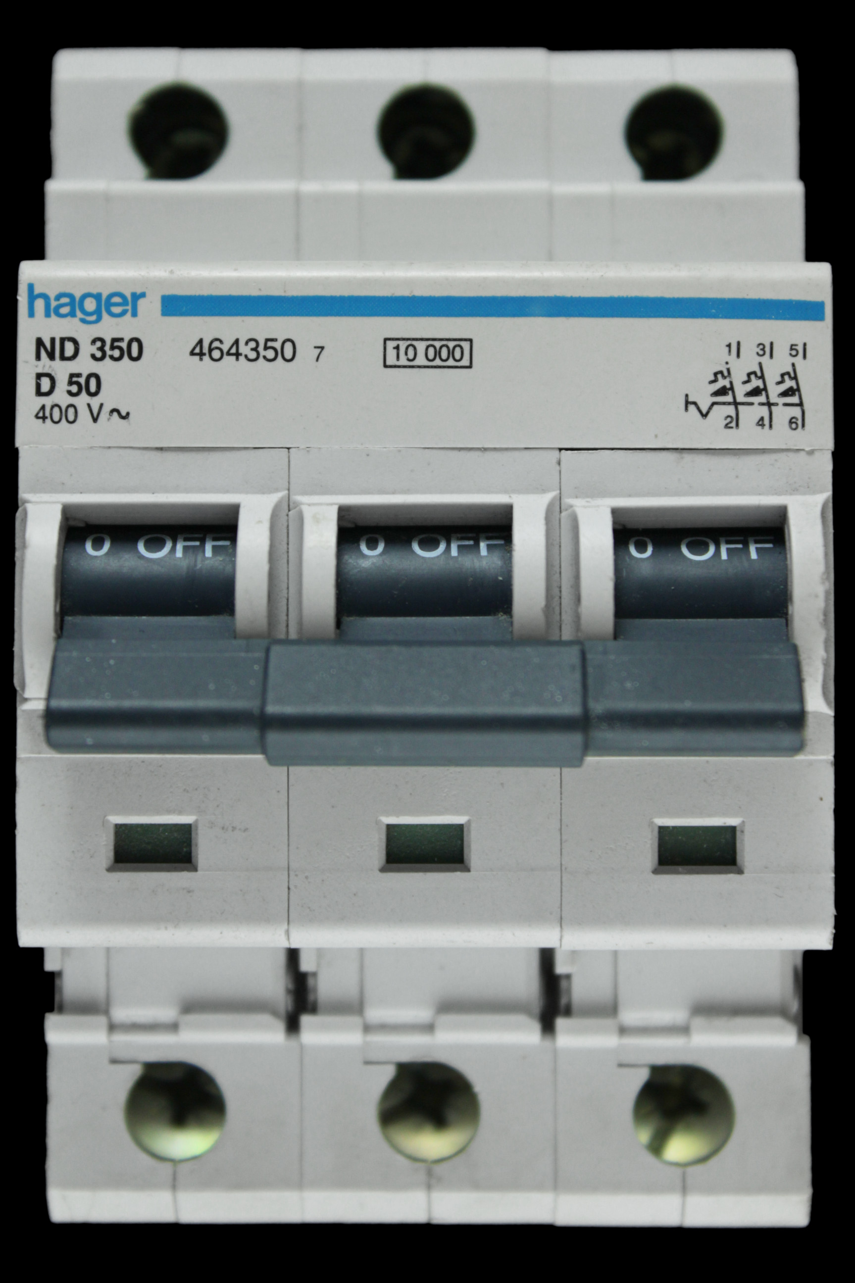 HAGER 50 AMP CURVE D 10kA TRIPLE POLE MCB CIRCUIT BREAKER ND350 464350