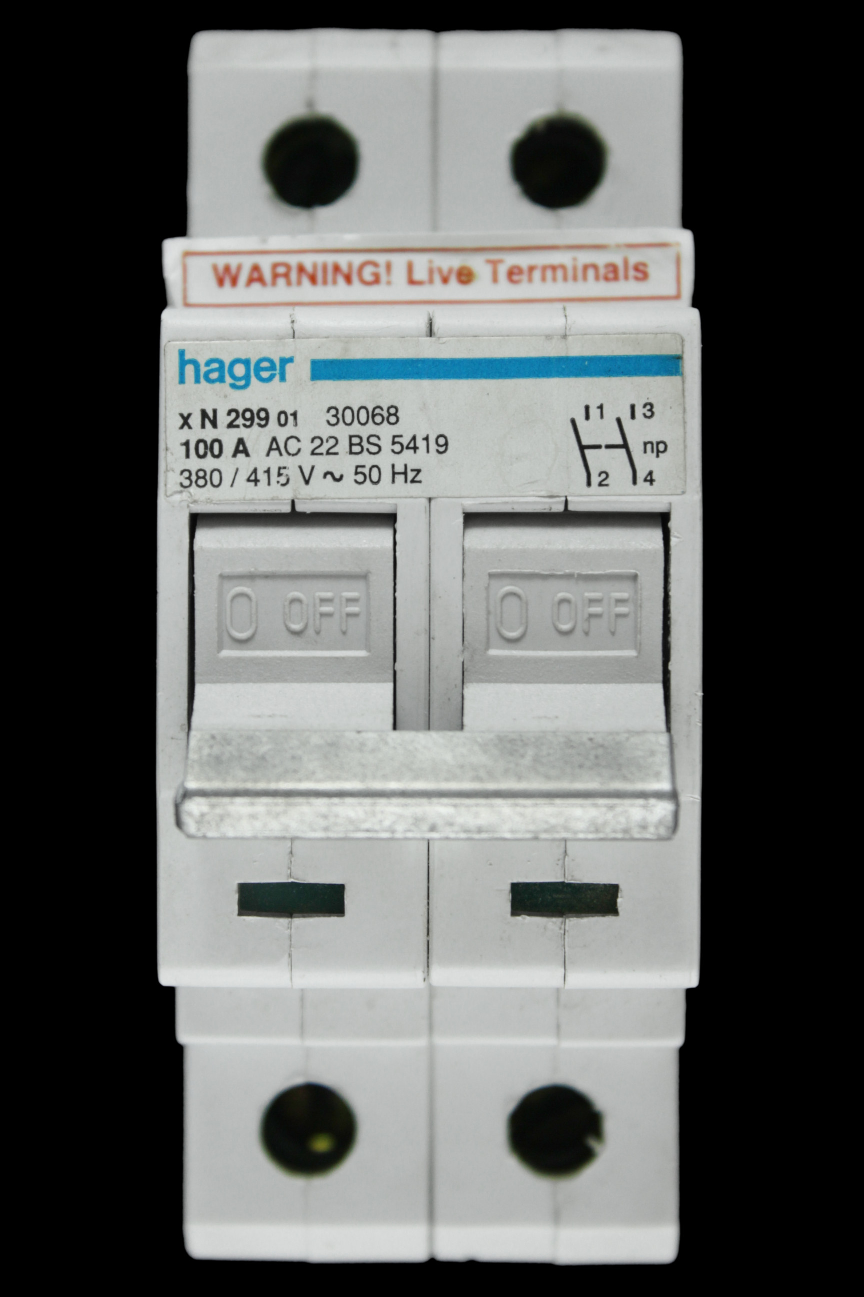 HAGER 100 AMP DOUBLE POLE MAIN SWITCH DISCONNECTOR X N299 01 30068