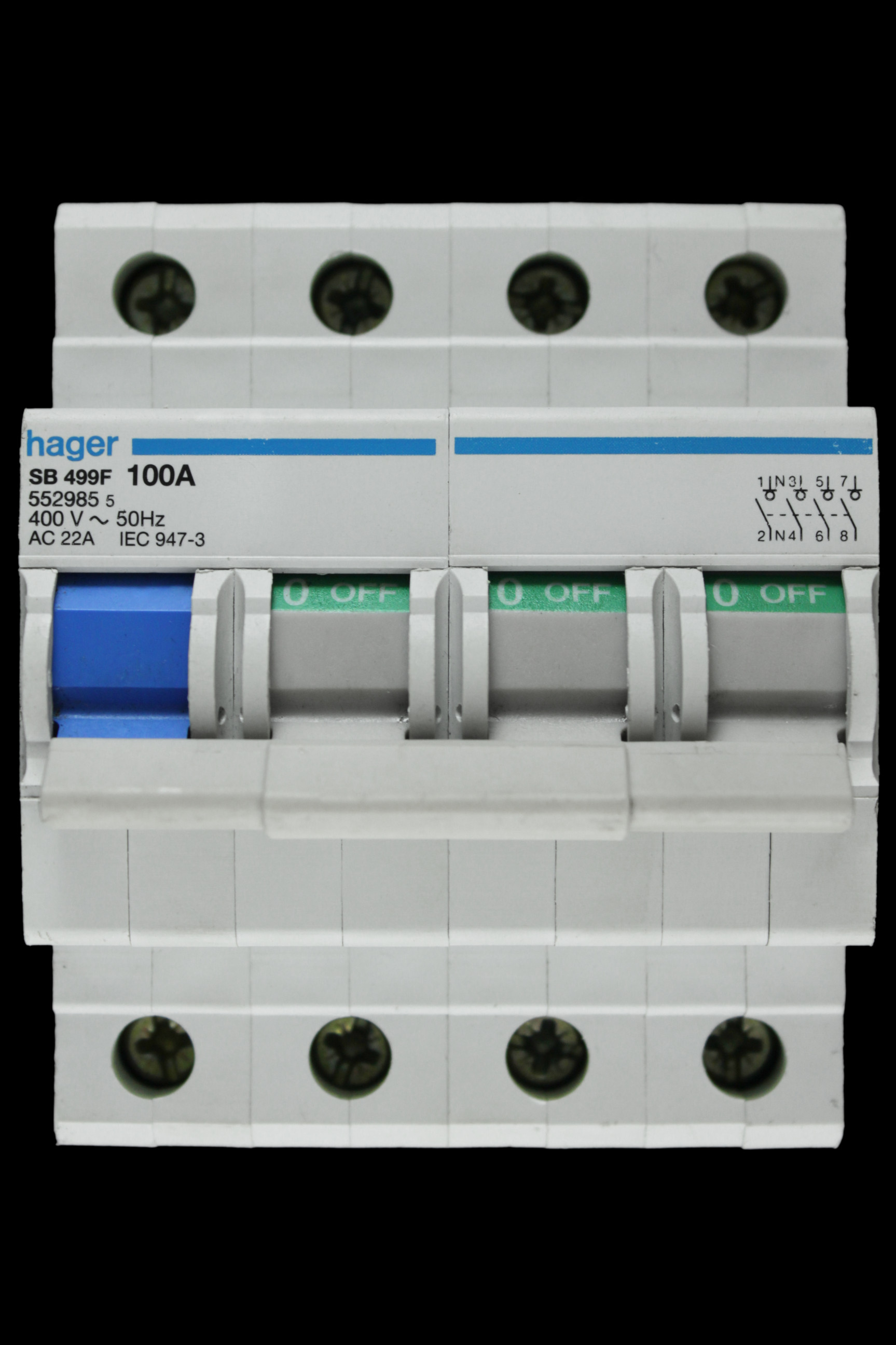HAGER 100 MAIN SWITCH DISCONNECTOR FOUR POLE SB499F 552985 BW
