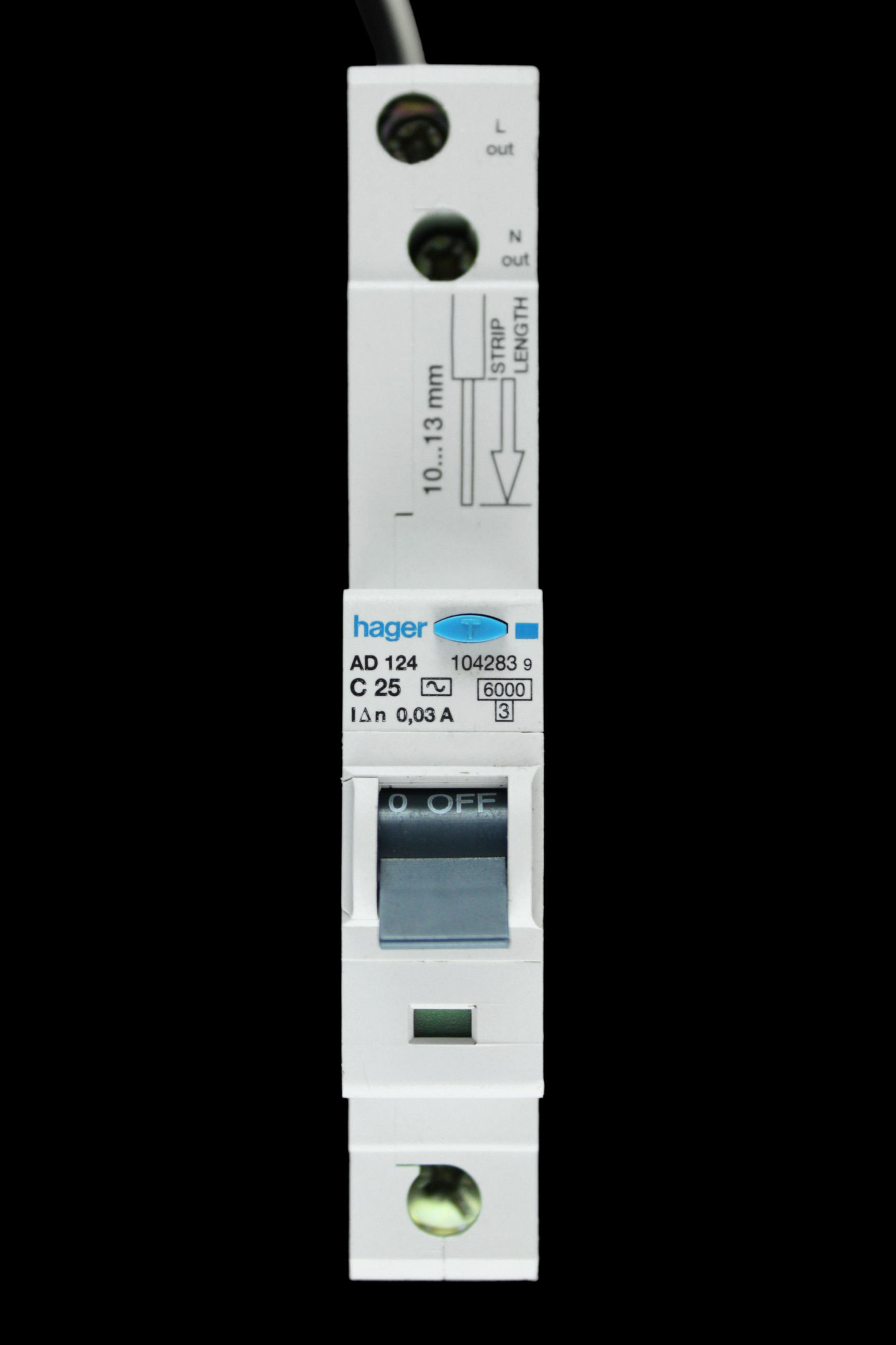 HAGER 25 AMP CURVE C 6kA 30mA RCBO AD124 104283