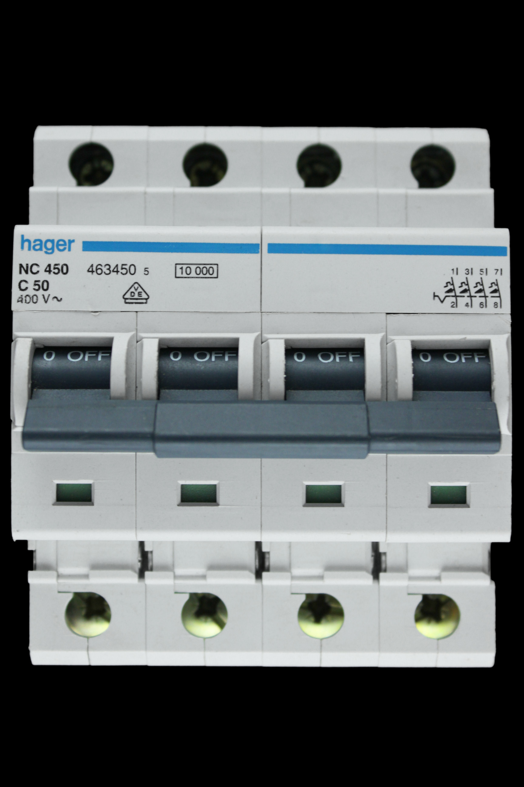 HAGER 50 AMP CURVE C 10kA FOUR POLE MCB CIRCUIT BREAKER NC450 463450