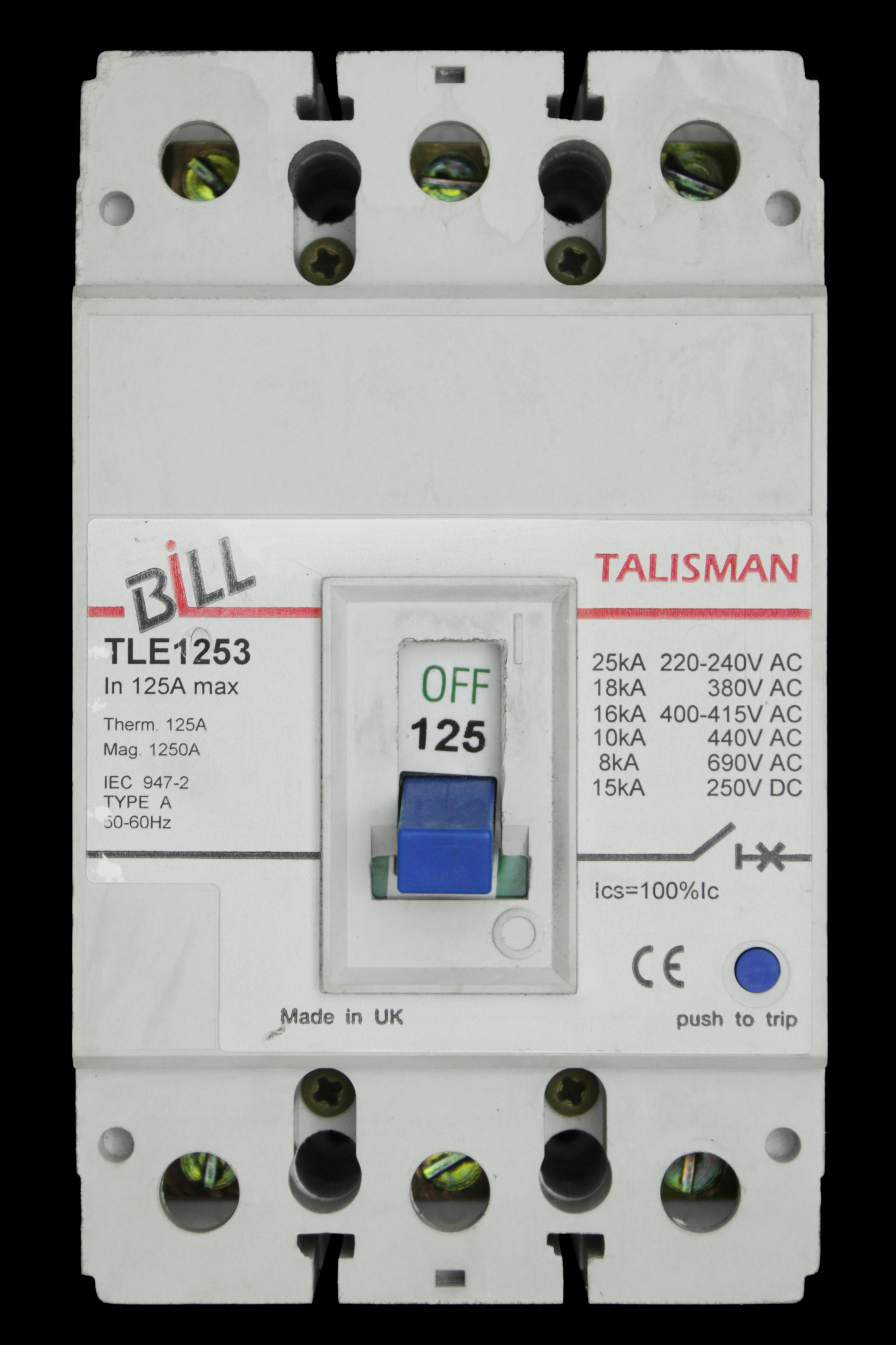 BILL 125 AMP 16kA TRIPLE POLE MCCB TLE1253