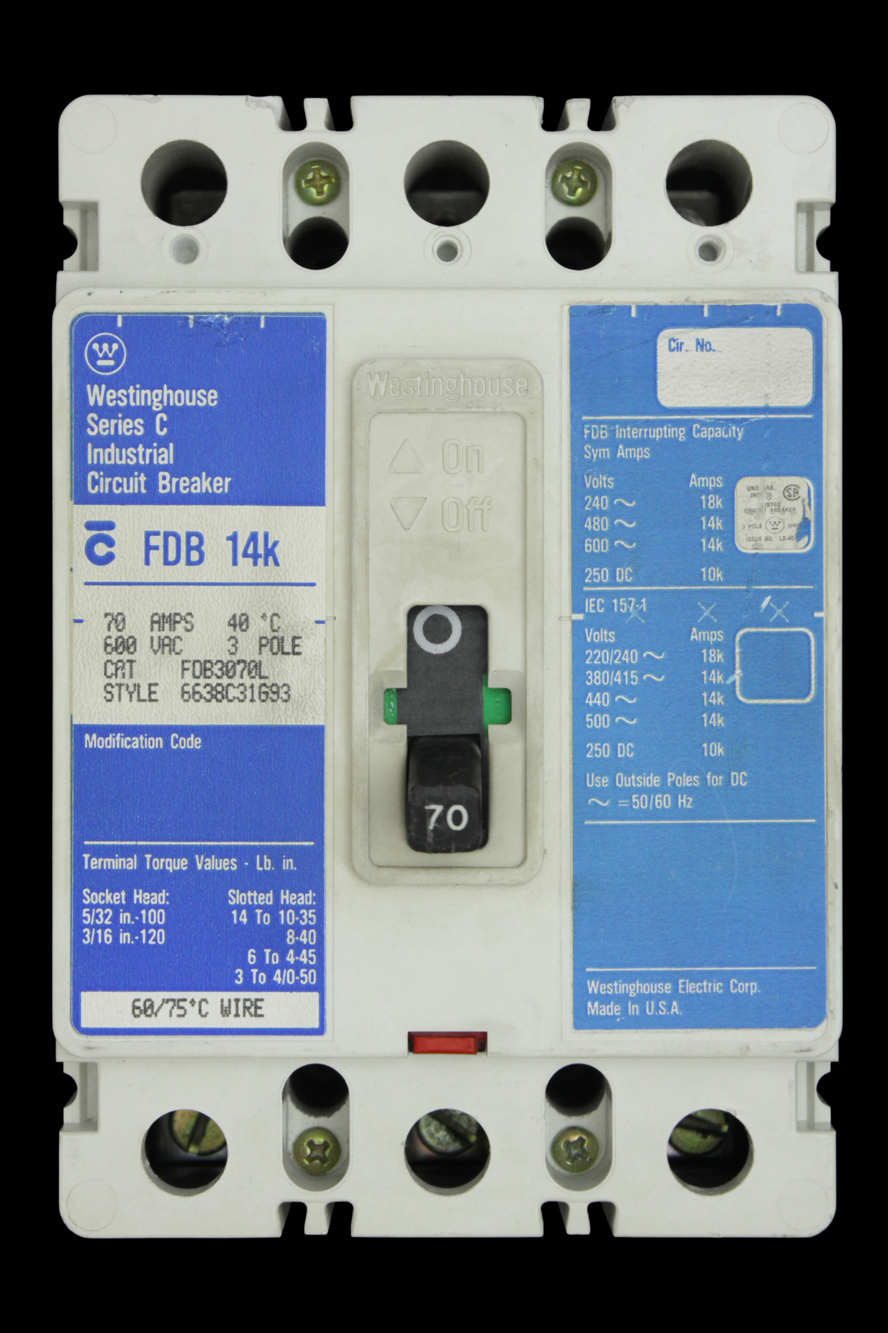 WESTINGHOUSE 70 AMP 14kA TRIPLE POLE MCCB FDB14K FDB3070L
