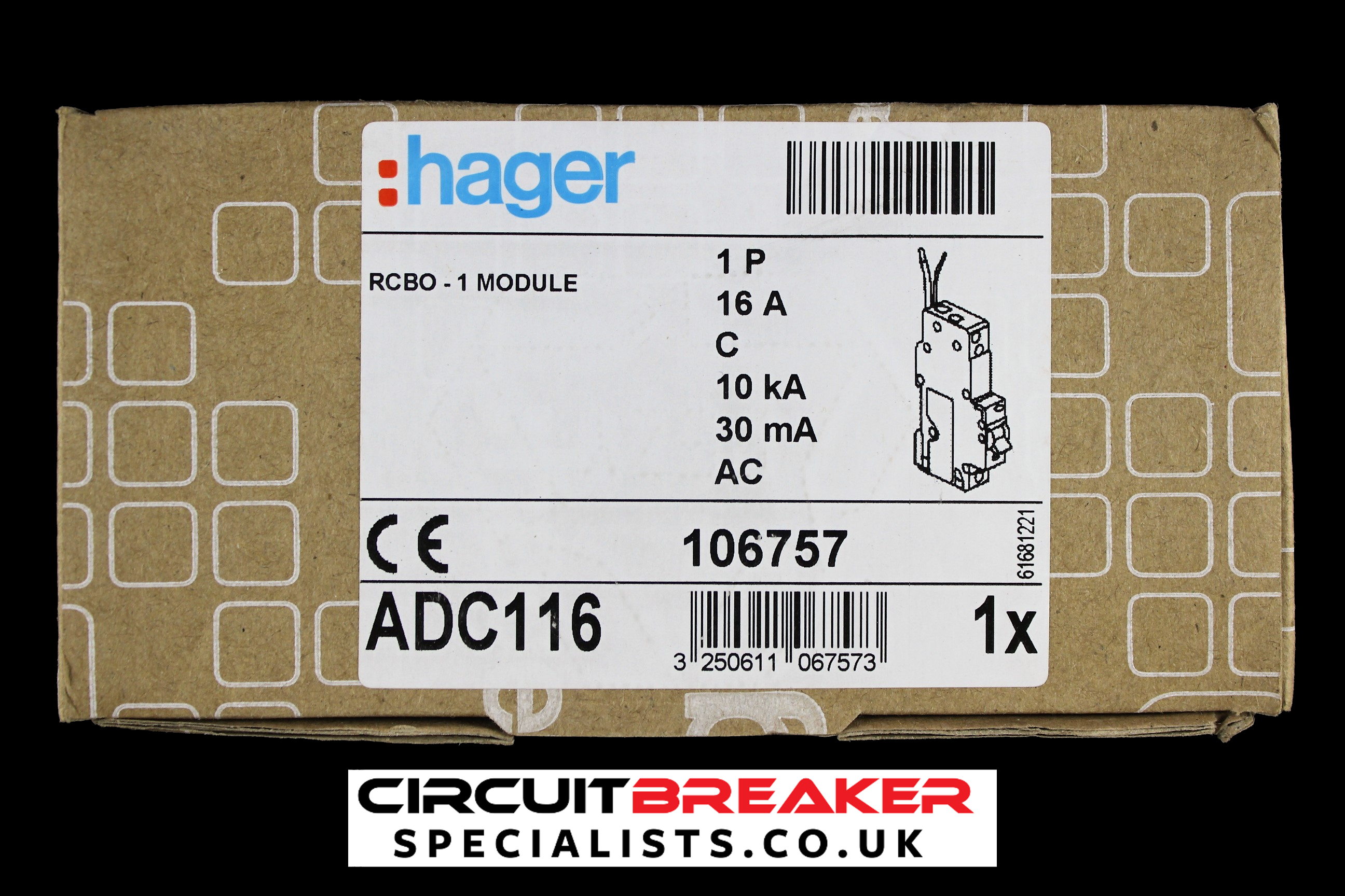 HAGER C 16 RCBO 10kA 30mA TYPE AC 106757 ADC116