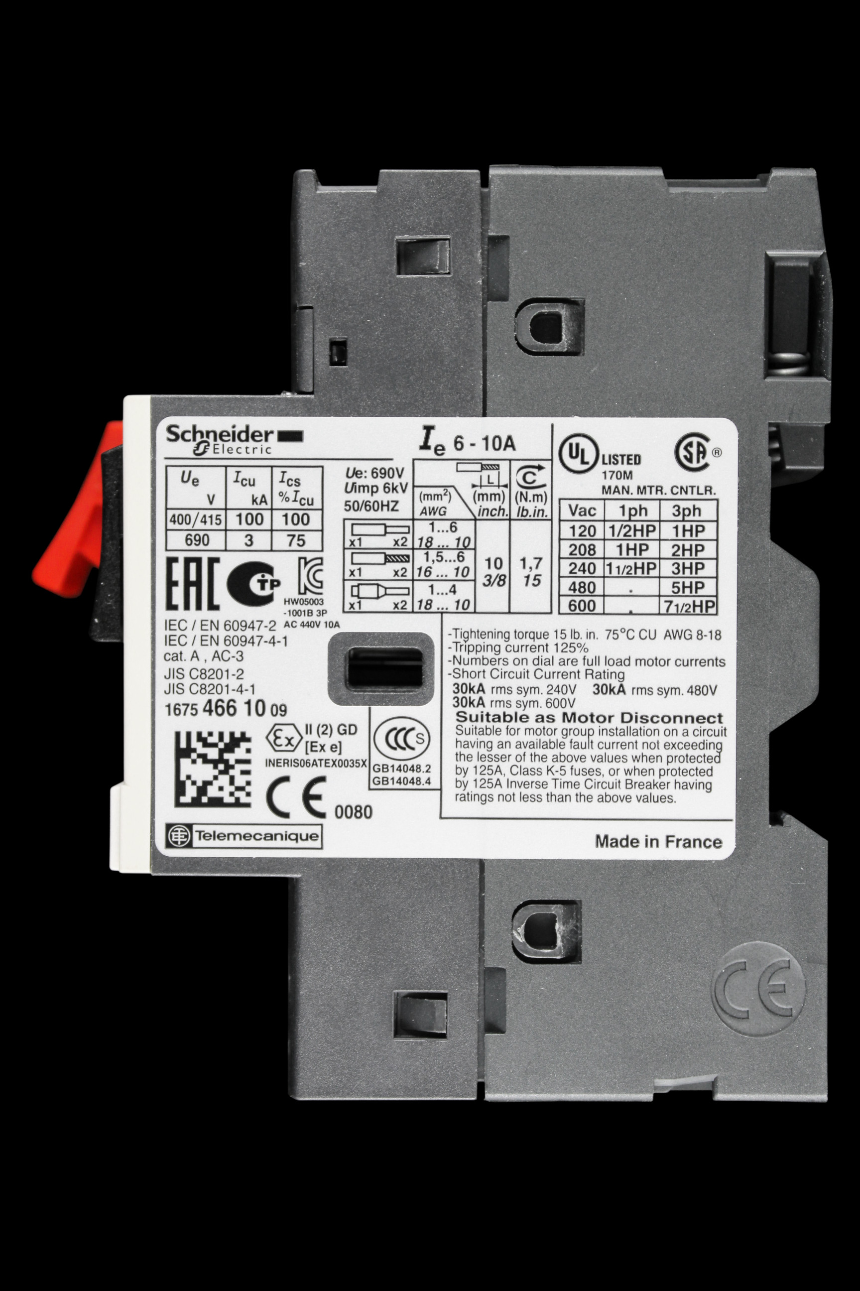 SCHNEIDER 6-10 AMP MOTOR PROTECTION CIRCUIT BREAKER GV2ME14