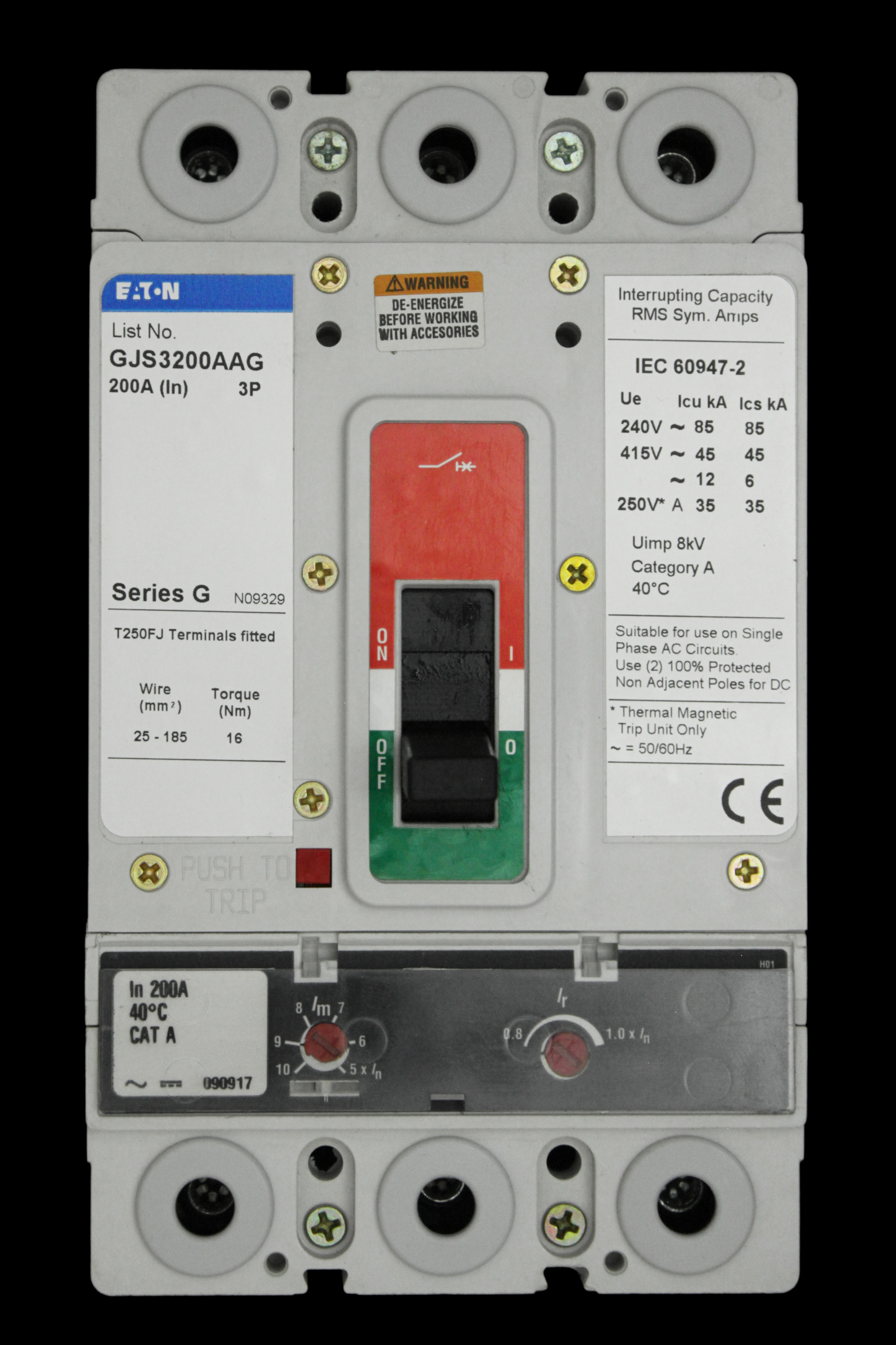EATON 200 AMP 45kA TRIPLE POLE MCCB GJS3200AAG
