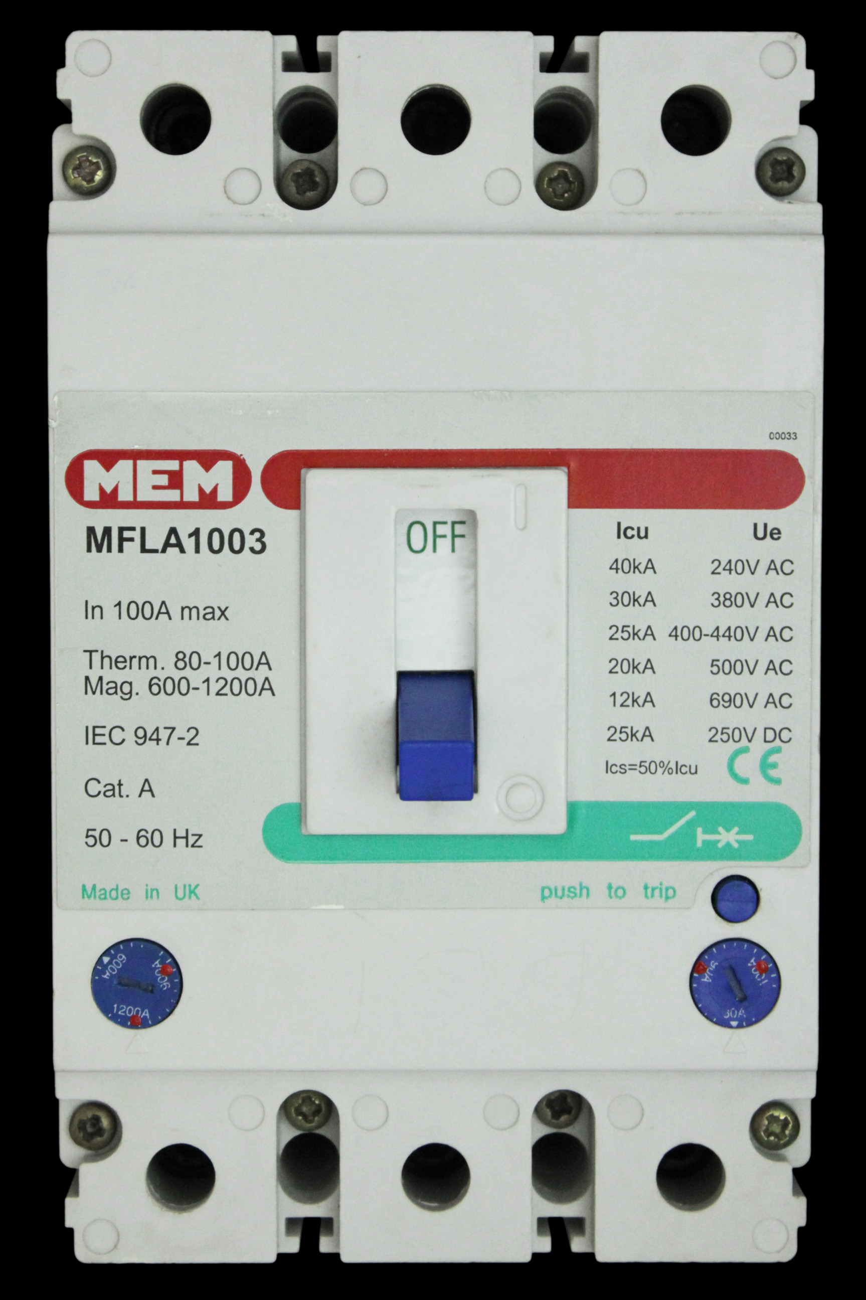 MEM 100 AMP 25kA TRIPLE POLE MCCB MFLA1003