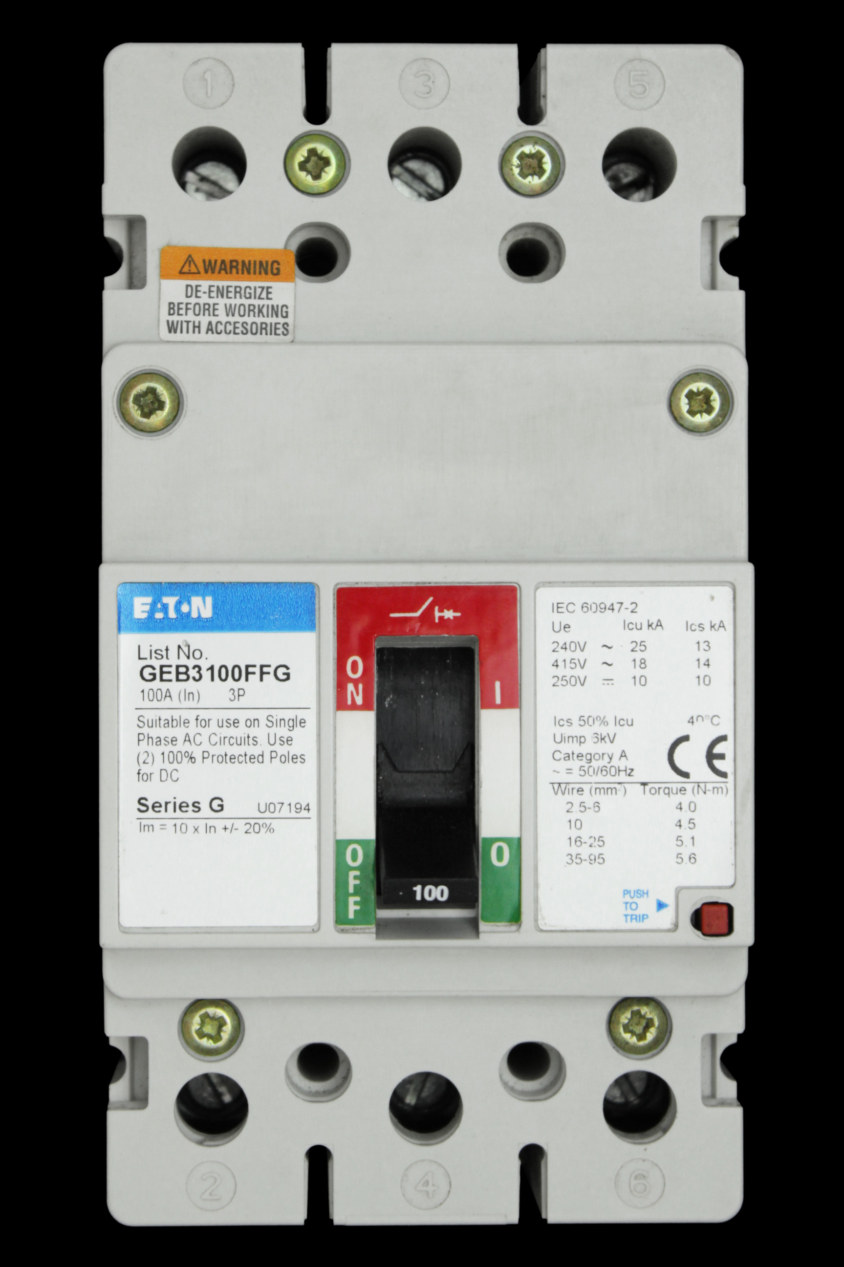 EATON 100 AMP 18kA TRIPLE POLE MCCB GEB3100FFG SERIES G