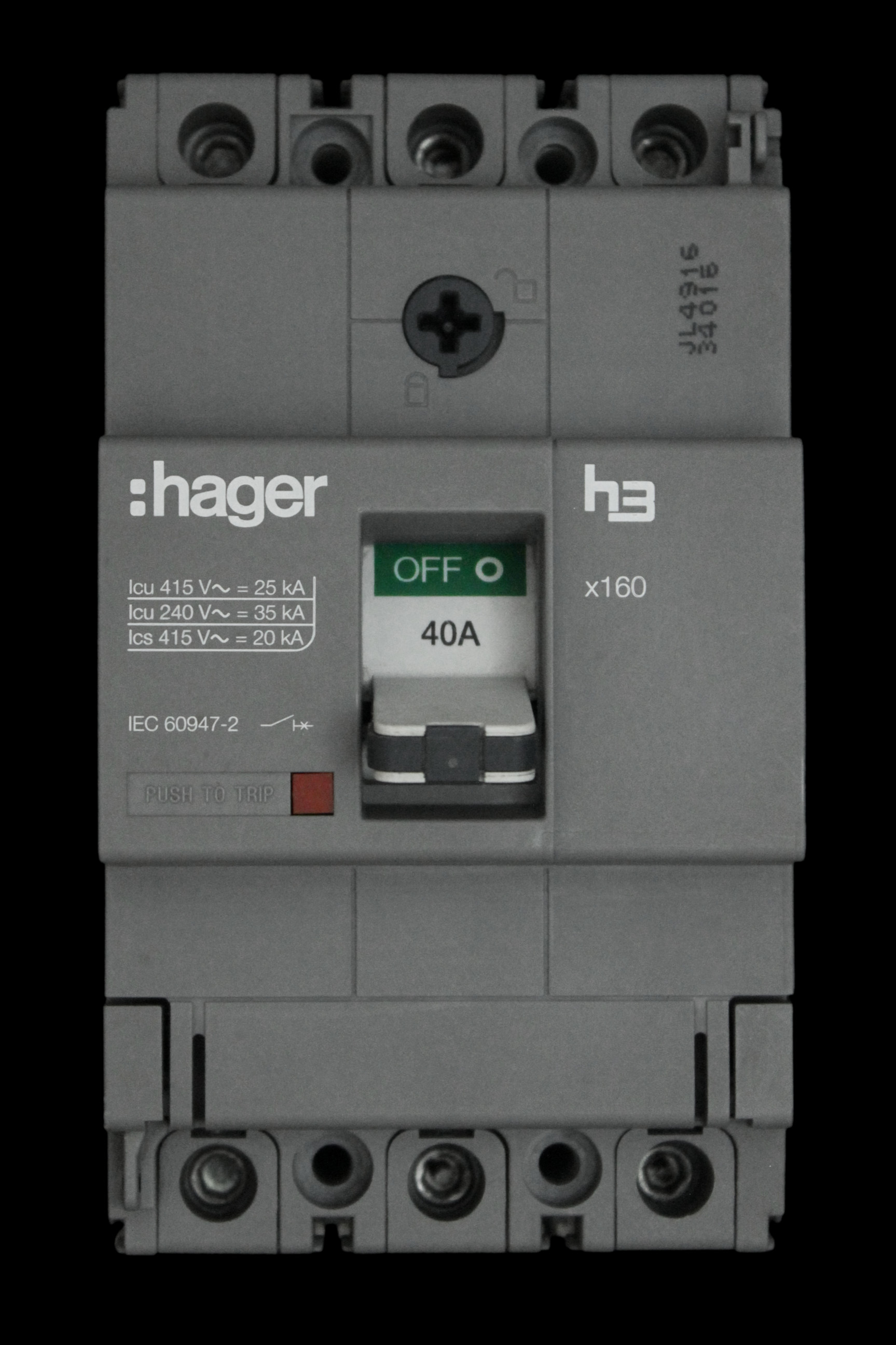 HAGER 40 AMP 25kA TRIPLE POLE MCCB 313619 HHA040Z X160