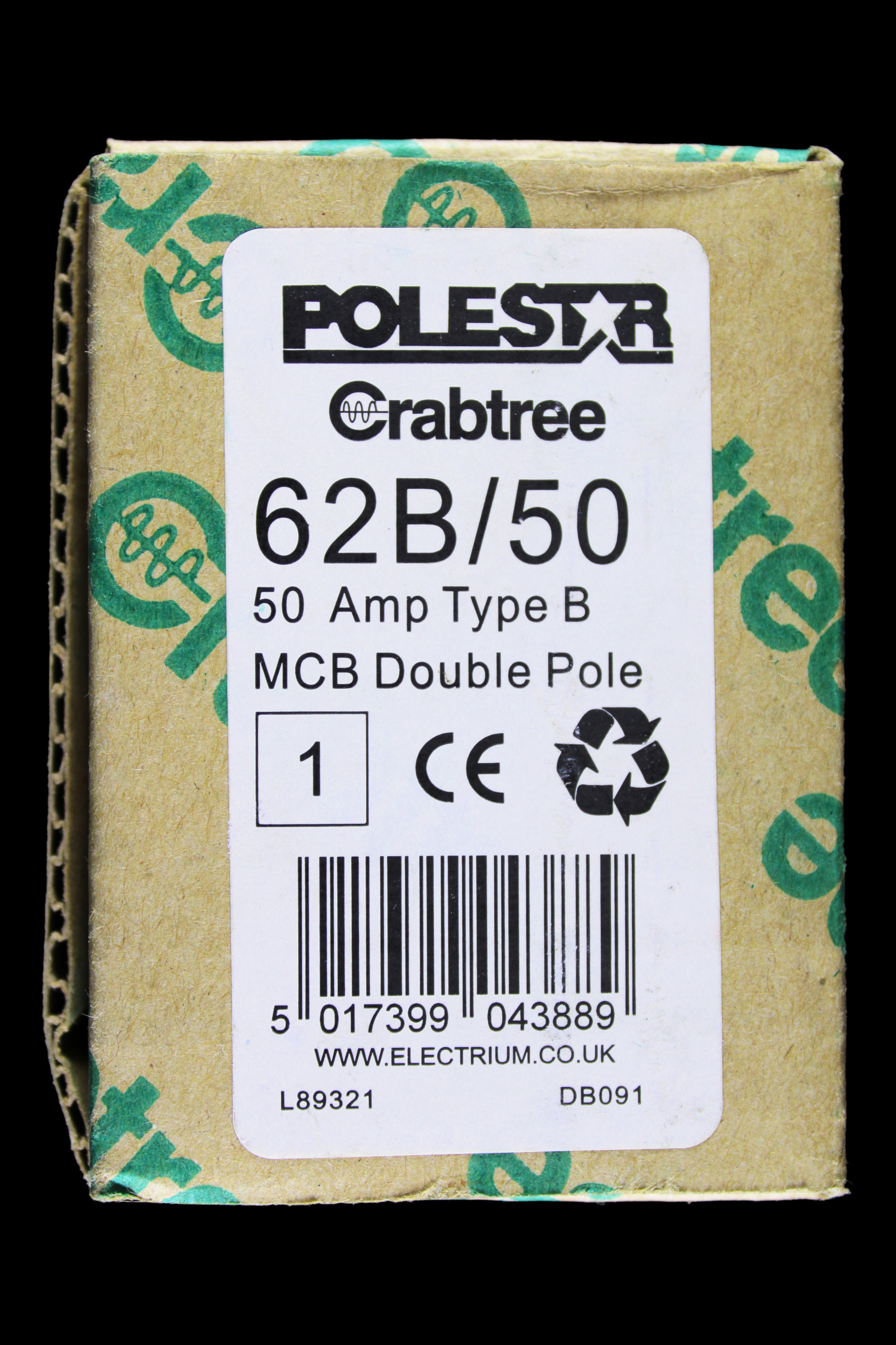 CRABTREE 50 AMP CURVE B 16kA DOUBLE POLE MCB CIRCUIT BREAKER POLESTAR 62B/50
