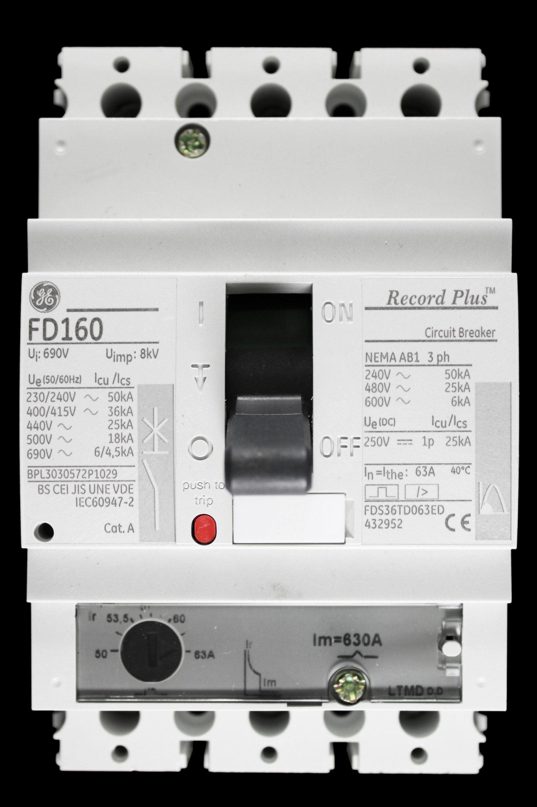 GENERAL ELECTRIC 63 AMP 36kA TRIPLE POLE MCCB FD160 FDS36TD063ED