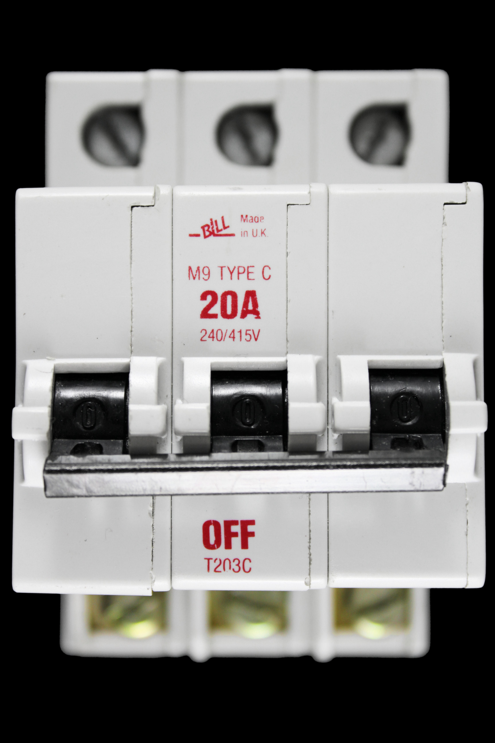 BILL 20 AMP CURVE C M9 TRIPLE POLE MCB CIRCUIT BREAKER T203C RED