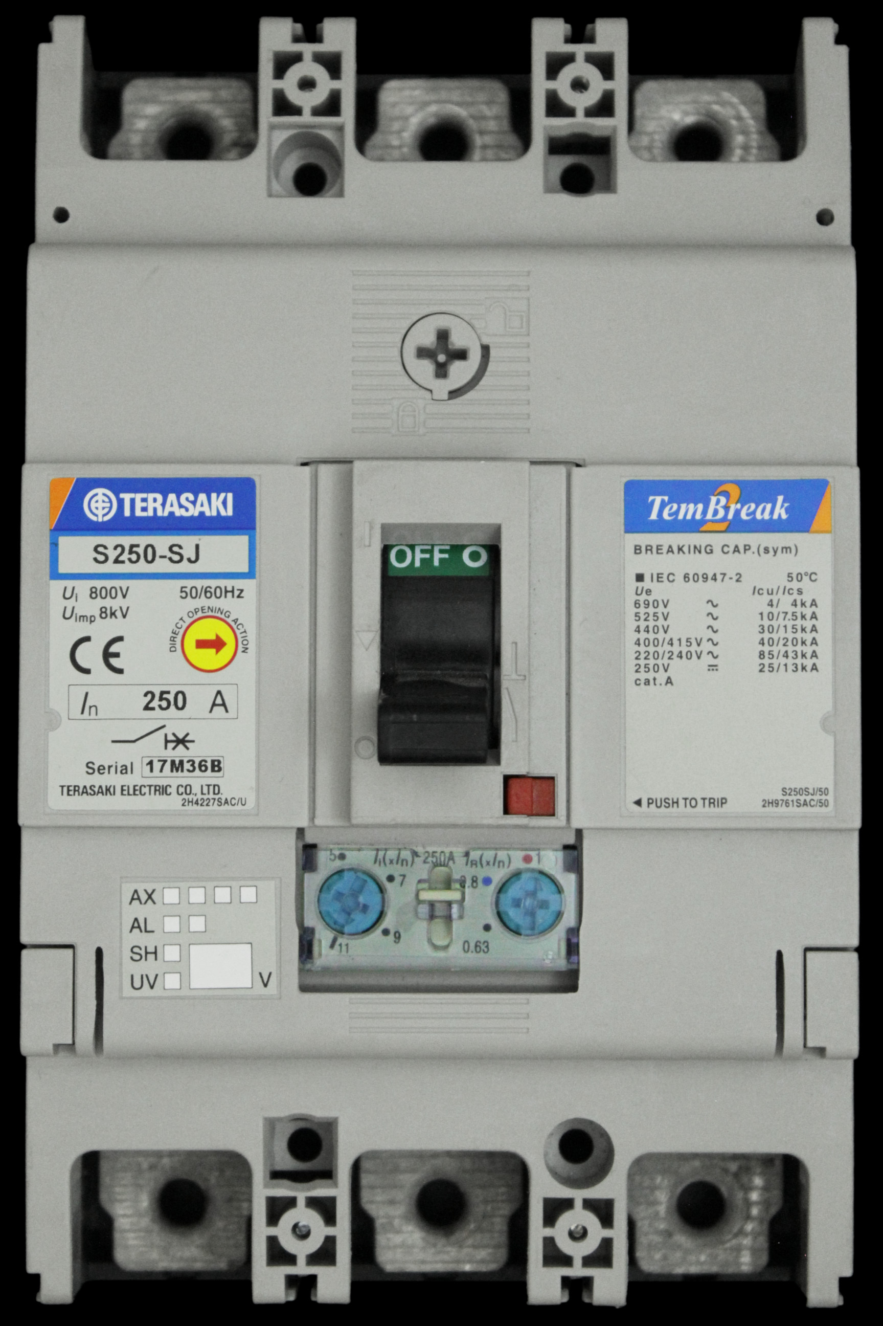 TERASAKI 250 AMP 40kA TRIPLE POLE MCCB TEMBREAK2 S250-SJ