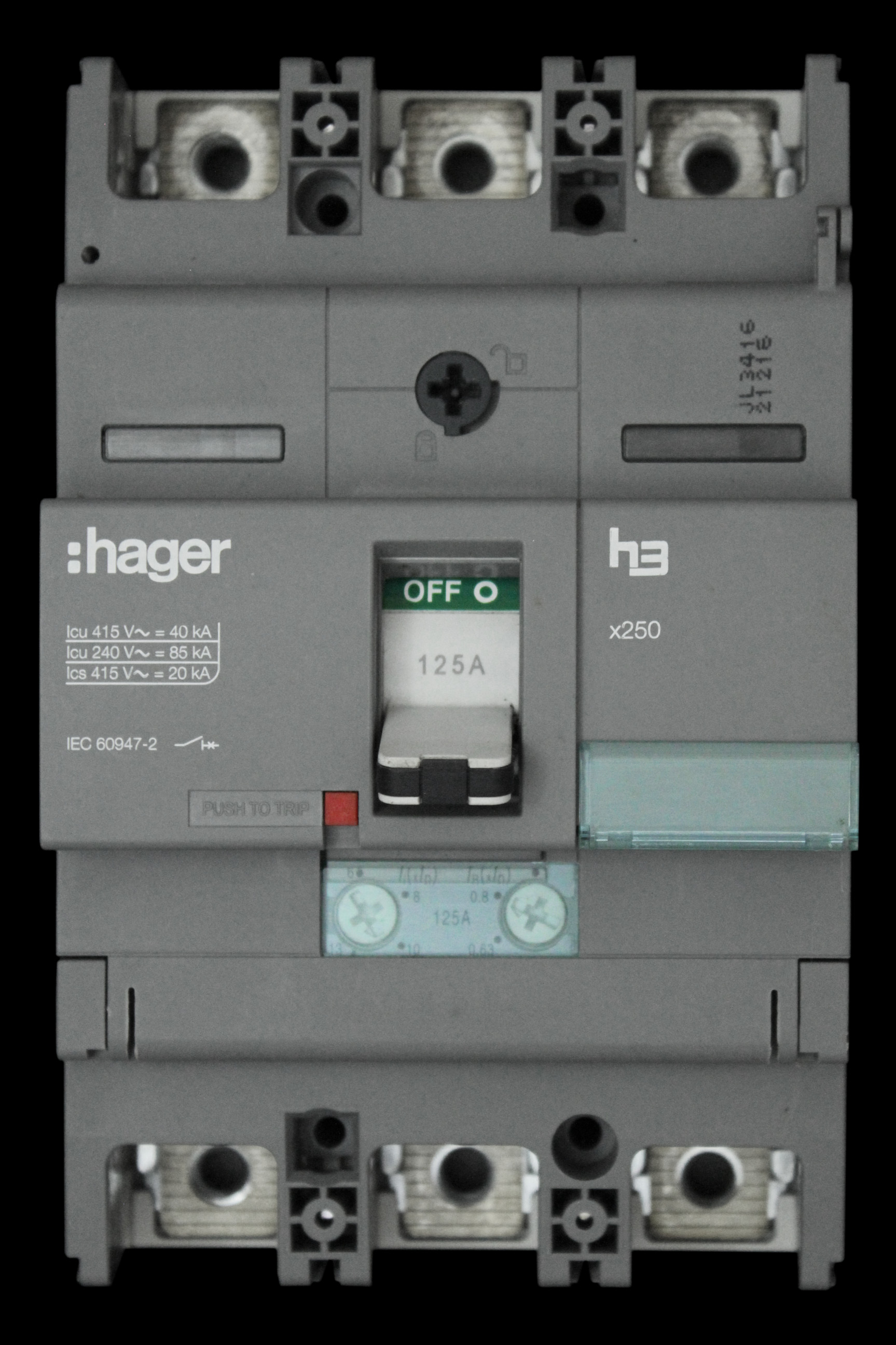 HAGER 125 AMP 40kA TRIPLE POLE MCCB 334774 HNB125H1 X250
